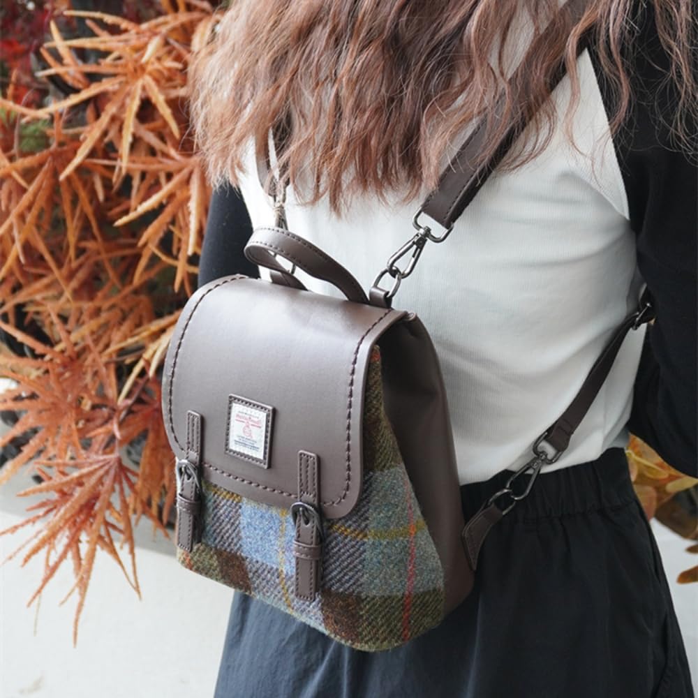 Harris Tweed Women's Backpack Purse - PU Leather & Wool Blend Casual Shoulder Bag Fashion Satchel for Ladies | Perfect for Work, Travel & Everyday Use