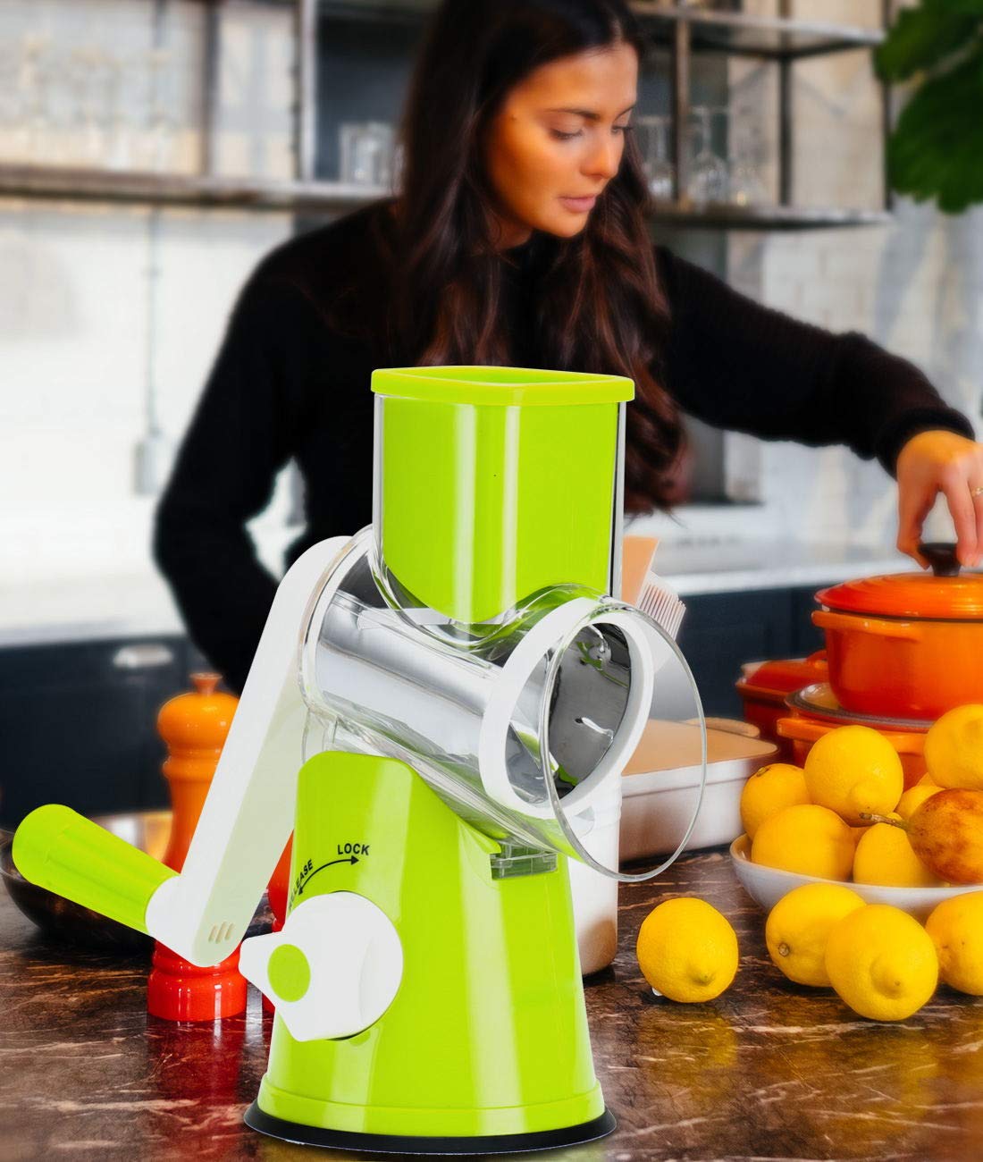 Premium Rotary Cheese Grater Shredder - 3 Interchangeable Blades for Cheese, Nuts, Carrots, Potatoes & More | Manual Round Mandolin Slicer with Safety Guard | Ideal for Kitchen, Camping & Meal Prep (Green)