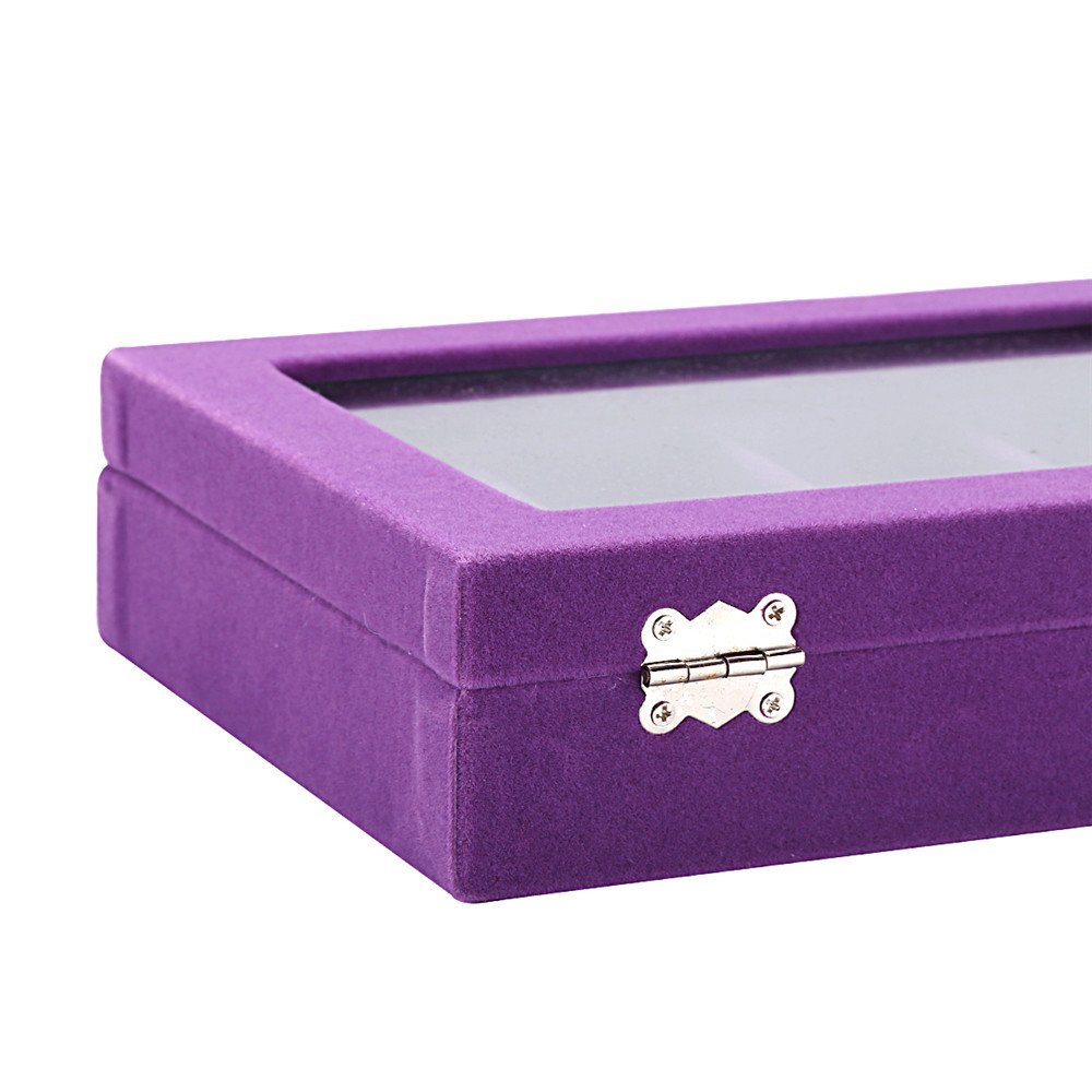 Velvet Jewelry Box with Glass Top - Ring Earrings Display & Storage Case with 2 Clasps - Perfect for Jewelry Organizer, Gift Box & Travel Accessories
