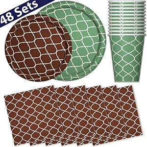 Rianiq07 Green Sea & Brown Bark - 48-Piece Eco-Friendly Disposable Dinner Plates & Dessert Plates Set for Parties, Picnics, and Outdoor Events | Elegant Paper Dinnerware for Weddings, BBQs, and Family Gatherings