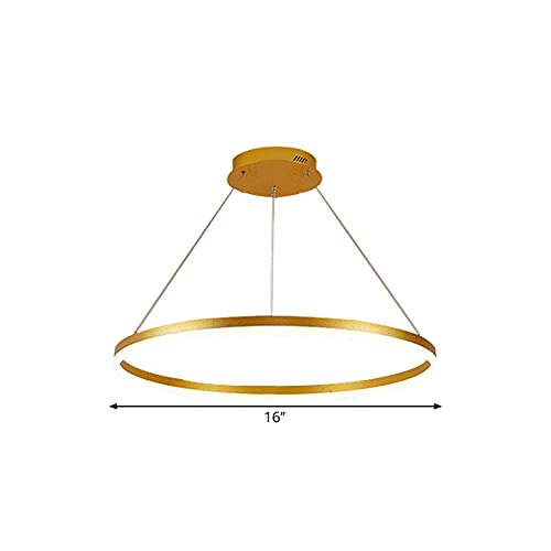 Modern LED Pendant Light - 16 Inch Gold Metal Ring Chandelier, Minimalist Hanging Lamp for Dining Room, Kitchen Island & Bedroom (White) - Energy Efficient Dimmable Lighting Fixture