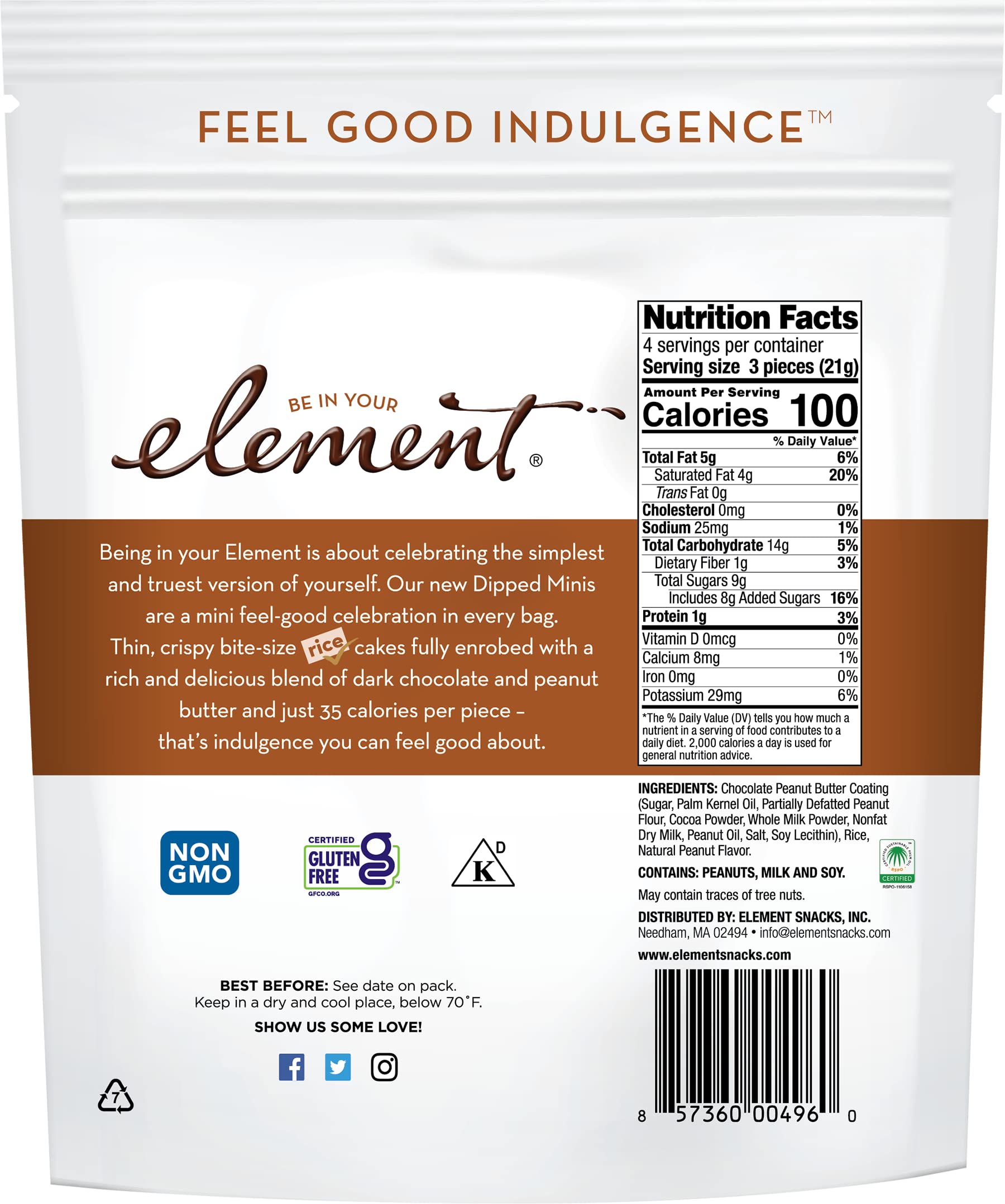 Element Snacks - Chocolate Peanut Butter Dipped Minis (Pack of 8) | All-Natural Rice Crisps | Healthy Gluten-Free & Kosher Certified Snacks for Kids & Adults | Perfect for Lunch Boxes, Office Snacks & On-the-Go Treats