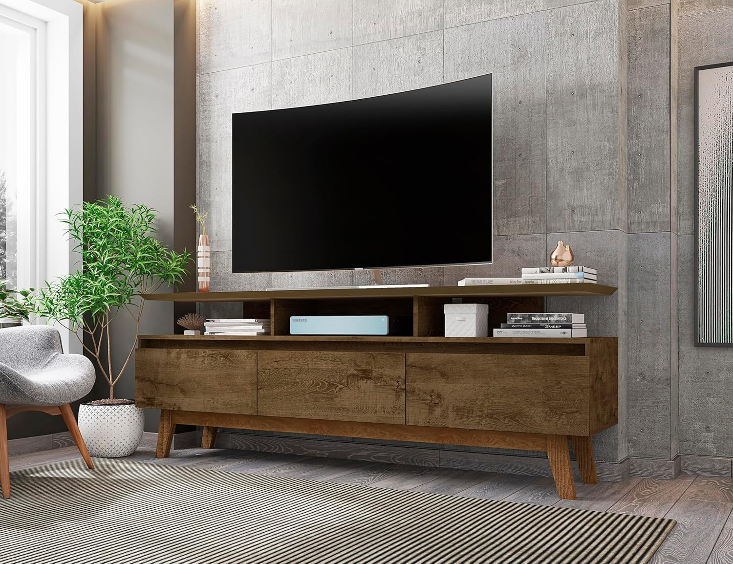 Mid Century Modern TV Stand with Storage - 71 Inch Rustic Brown Media Console, 3 Flip Down Doors & Wire Management Hole, Fits 60