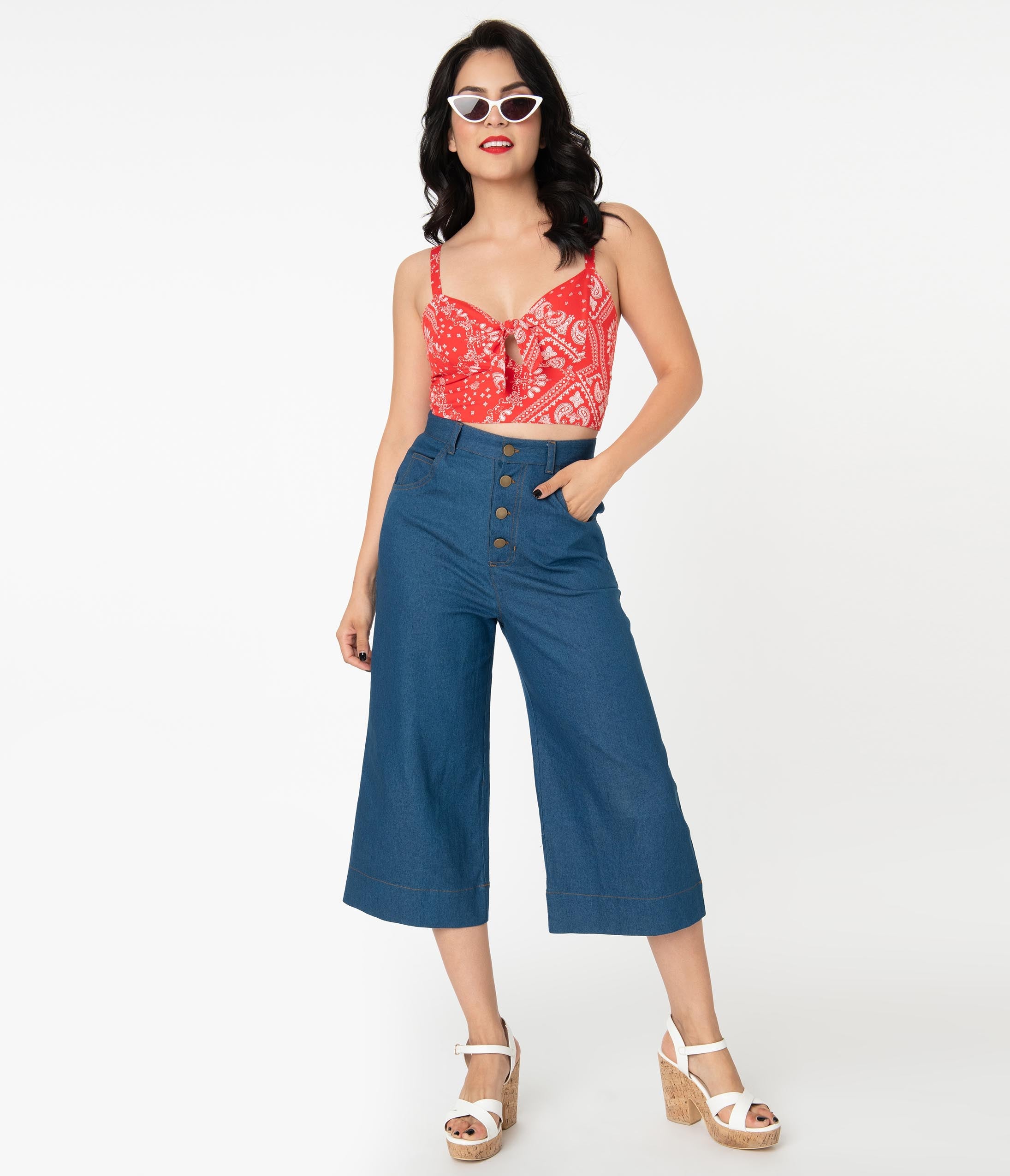 Vintage Denim Blue Chisholm Culottes for Women - Retro High Waisted Wide Leg Pants - Perfect for Casual Outfits, Office Wear & Boho Style