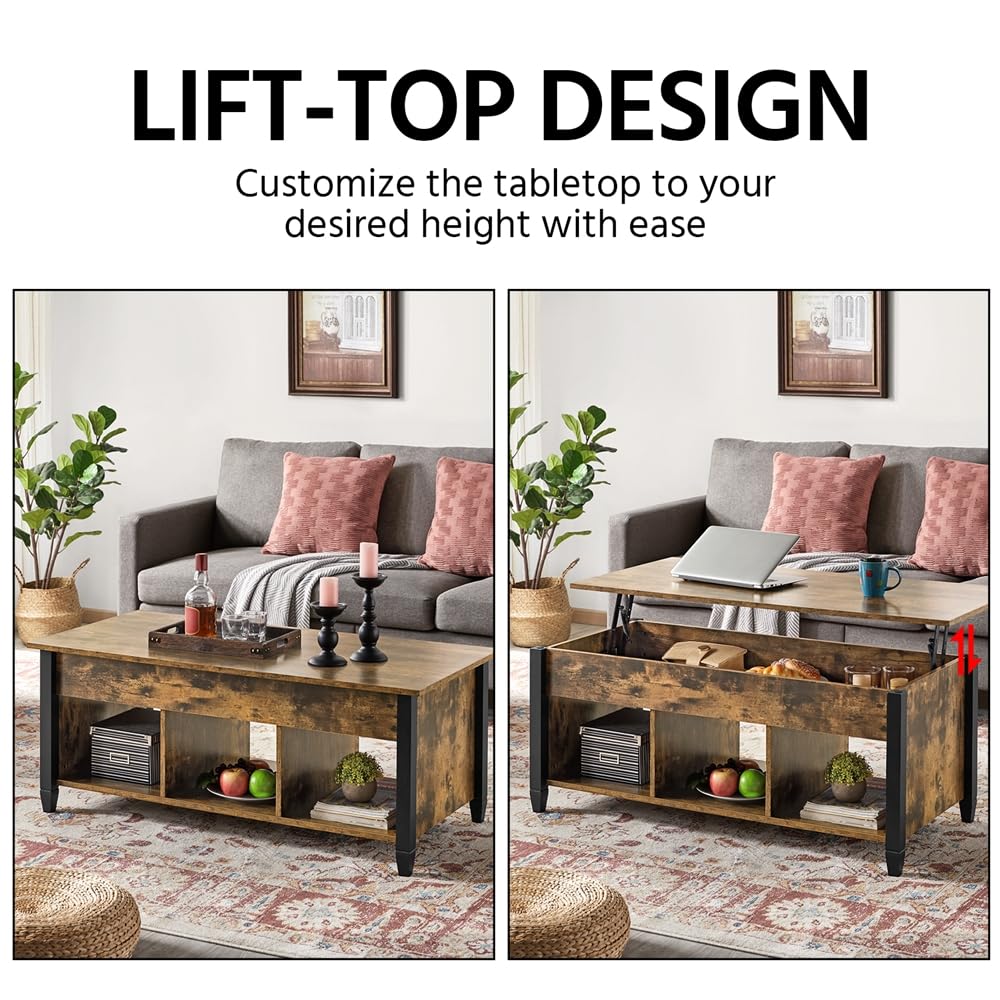 Yaheetech Rustic Lift Top Coffee Table with Hidden Storage & Shelf - 47.5