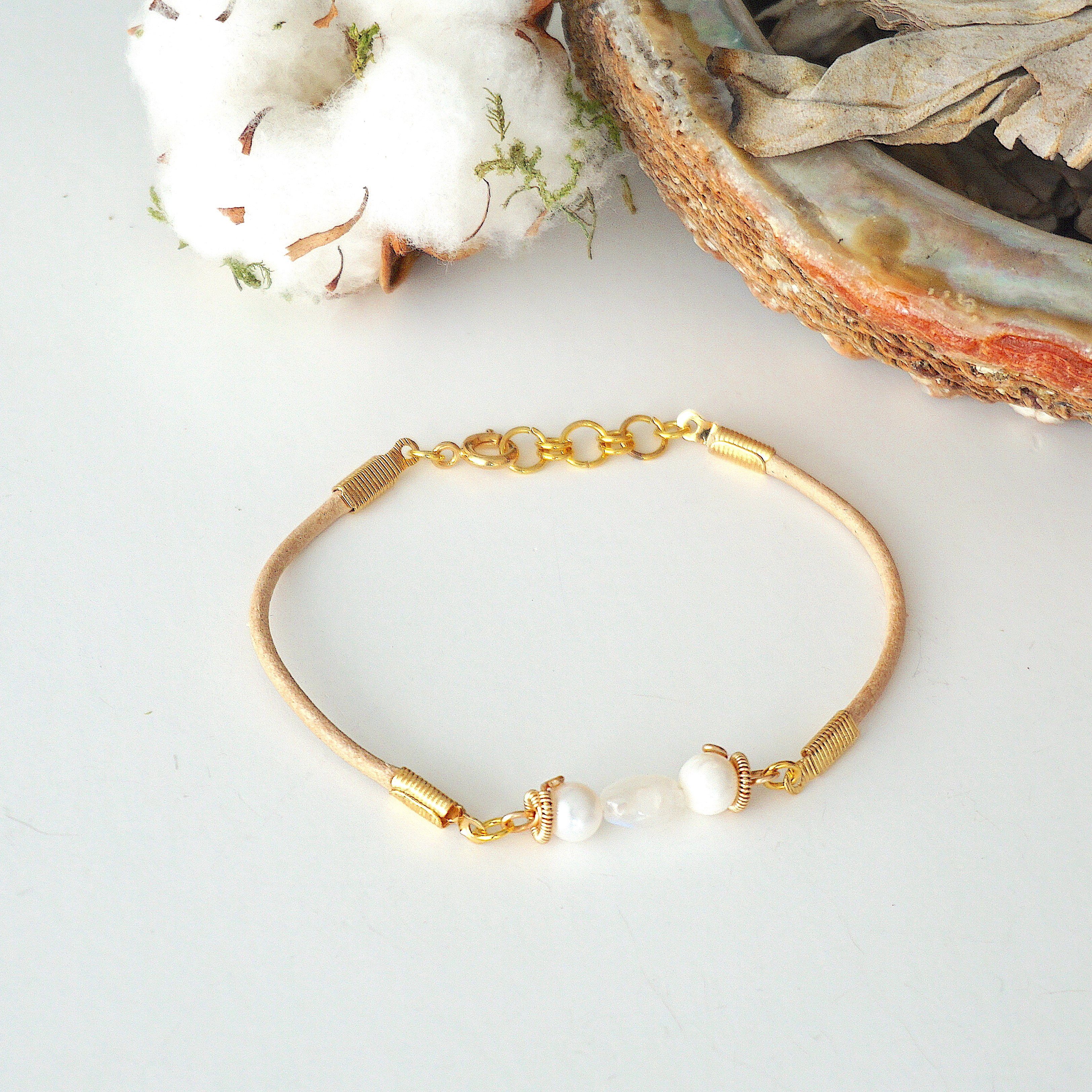 Pearl and Moonstone Bracelet - Gold Plated Tan Leather Jewelry for Women | Boho Chic, Wedding, Party & Everyday Wear