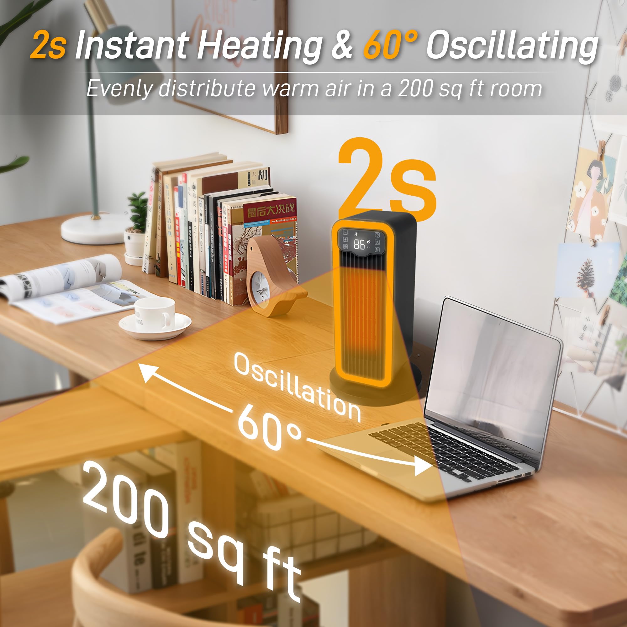 Portable Space Heater with Thermostat & Remote - 1500W Ceramic Electric Heater, 60° Oscillation, ECO Mode, 12H Timer - Quiet Indoor Heater for Bedroom, Office & Under Desk Use - Perfect for Winter Home & Workspace Heating (Black)