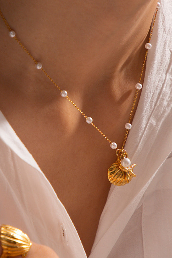 Ocean Series Pearl Necklace with Starfish & Conch Shell Charm - Elegant Beach Jewelry for Summer Vacation, Wedding, and Boho Fashion Accessories