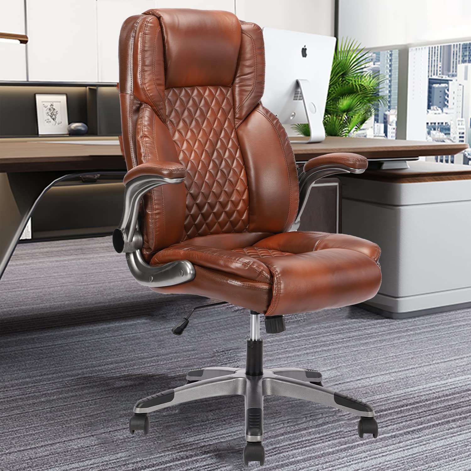 Premium Brown Leather Executive Office Chair with Flip-Up Arms, High Back Ergonomic Design & Lumbar Support - 90-120° Reclining Swivel Task Chair with Wheels for Home Office, Conference Rooms & Workspaces