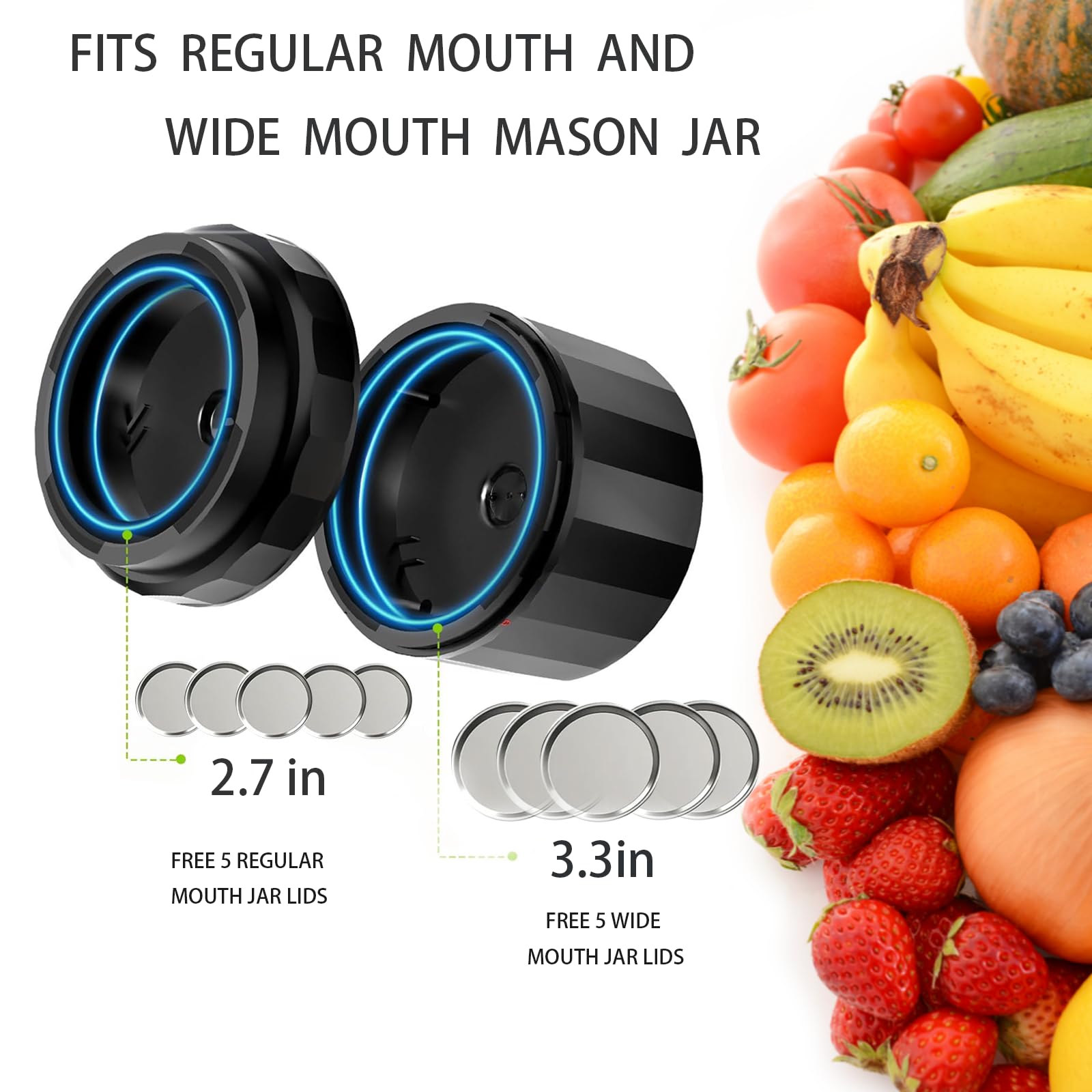 Everjar - 2-in-1 Electric Mason Jar Vacuum Sealer Kit with Automatic Suction Stop | Food Storage Sealer for Wide & Regular Mouth Jars | Preserves Freshness for Meal Prep, Canning & Leftovers (Black)