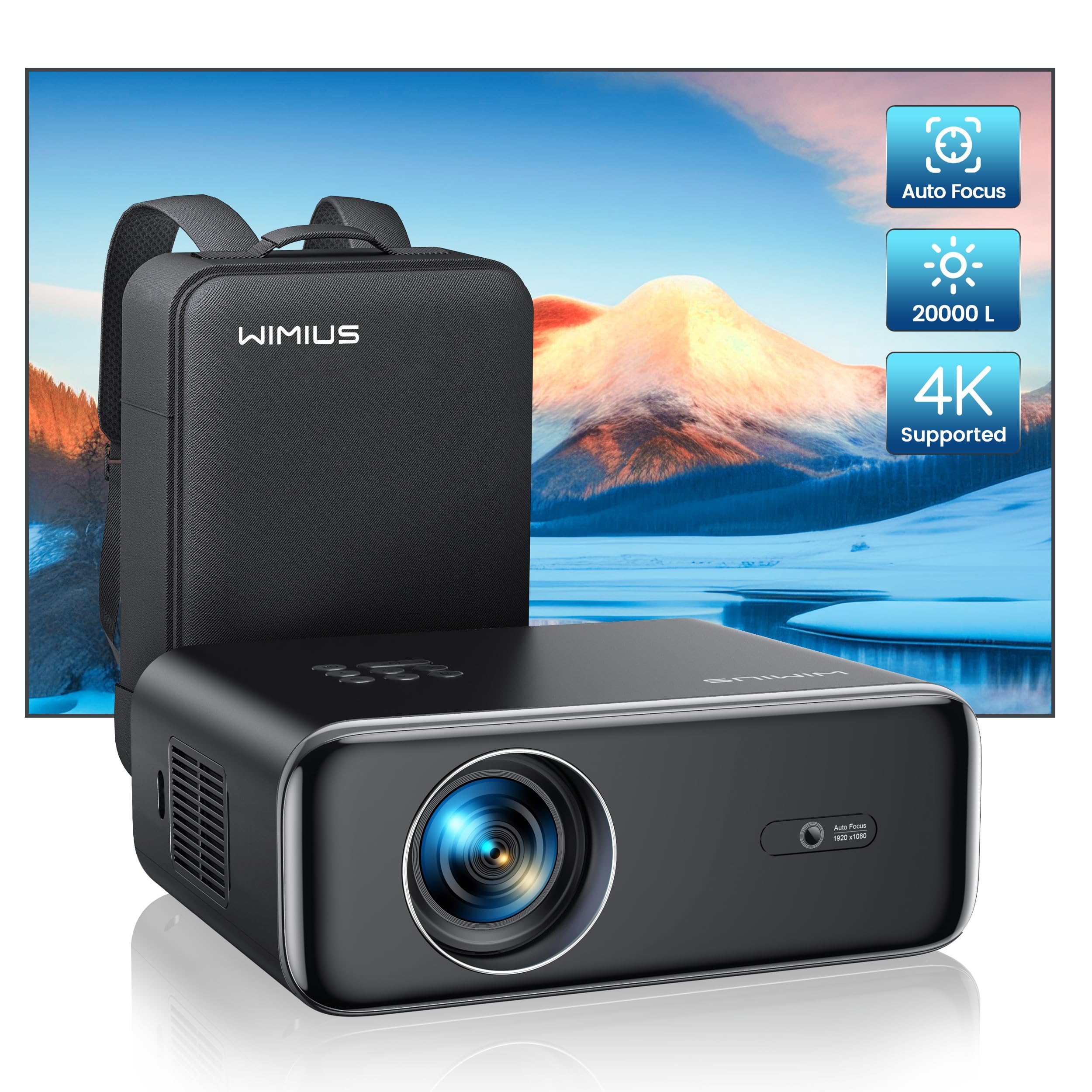 WiMiUS 4K Projector with Auto Focus & Keystone - 30000 Lumens Full HD 1080P, WiFi6 Bluetooth, 50% Zoom - Portable Home Theater for Movies, Gaming (PS5), Outdoor Movie Nights with Phone/TV Stick Compatibility