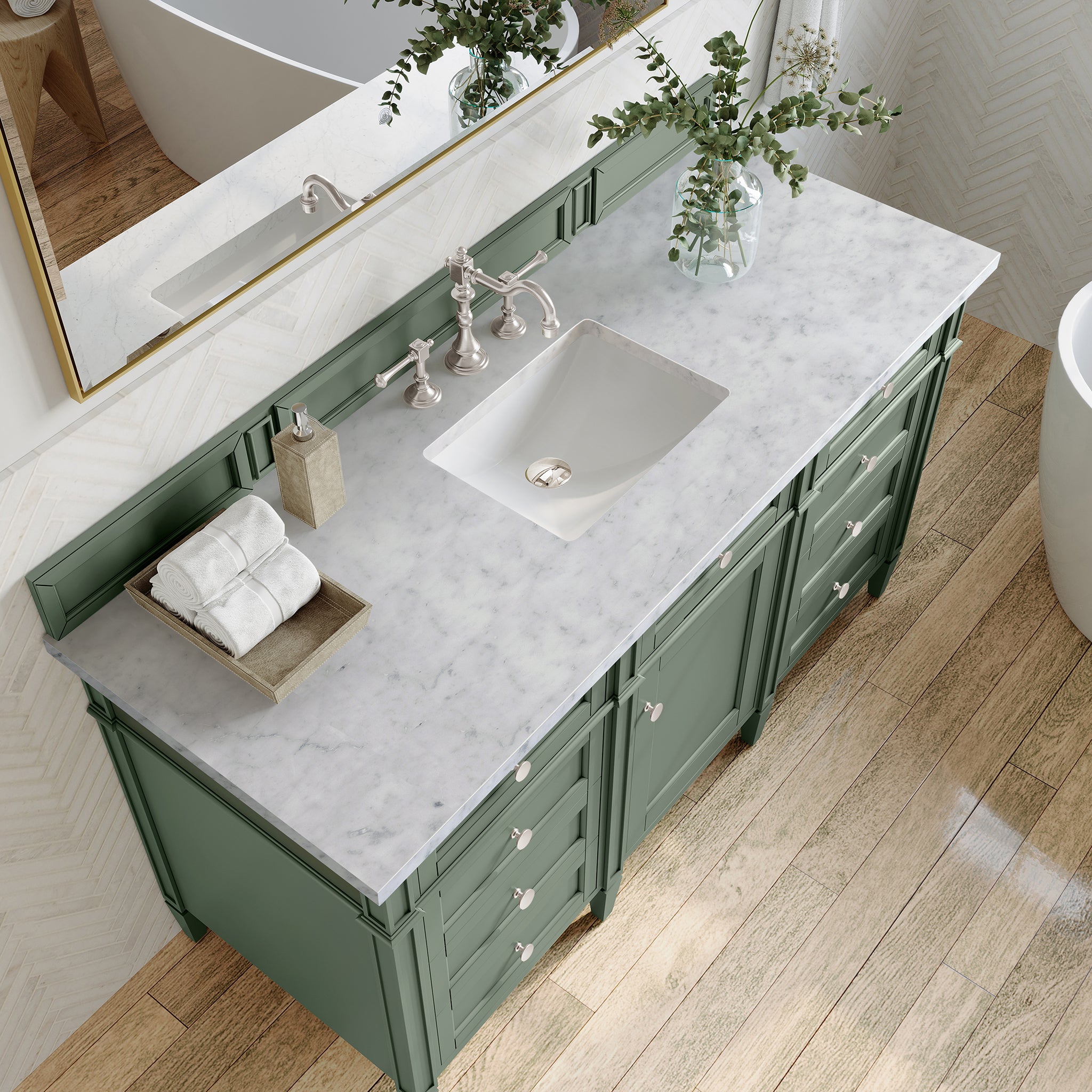 Brittany 60 Inch Single Bathroom Vanity with Smokey Celadon Finish & 3CM Carrara Marble Top - Perfect for Modern Master Bathrooms and Powder Rooms
