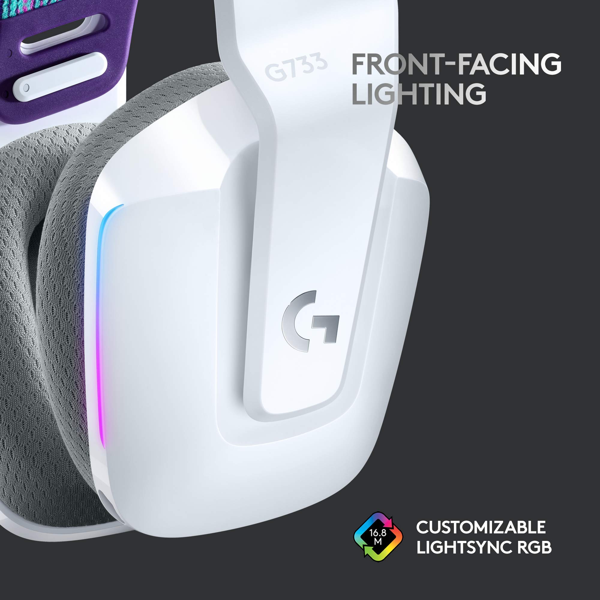 Logitech G733 LIGHTSPEED Wireless Gaming Headset with Suspension Headband, LIGHTSYNC RGB, Blue VO!CE Mic Technology & PRO-G Audio Drivers - White | PC, PS5, Xbox Series X|S Compatible for Immersive Gaming & Streaming