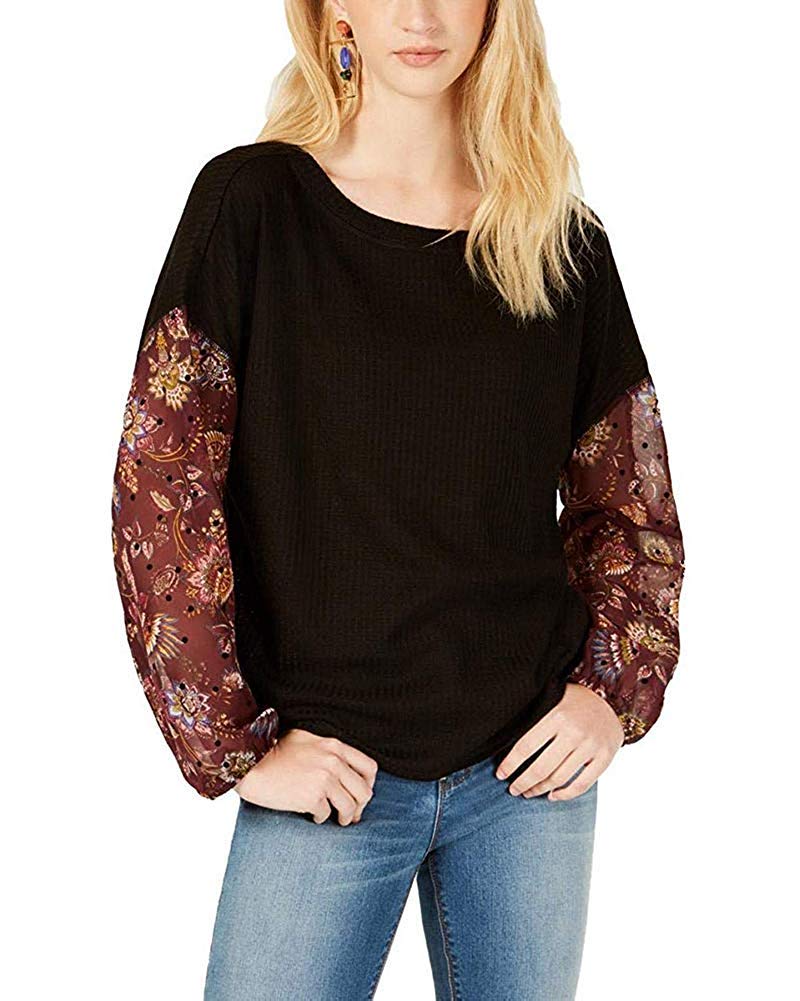 GYPSIES & MOONDUST Juniors' Waffle Knit Sheer Sleeve Top | Trendy Crochet Lace Blouse for Teens | Perfect for Casual Wear, Date Nights & Spring Outfits