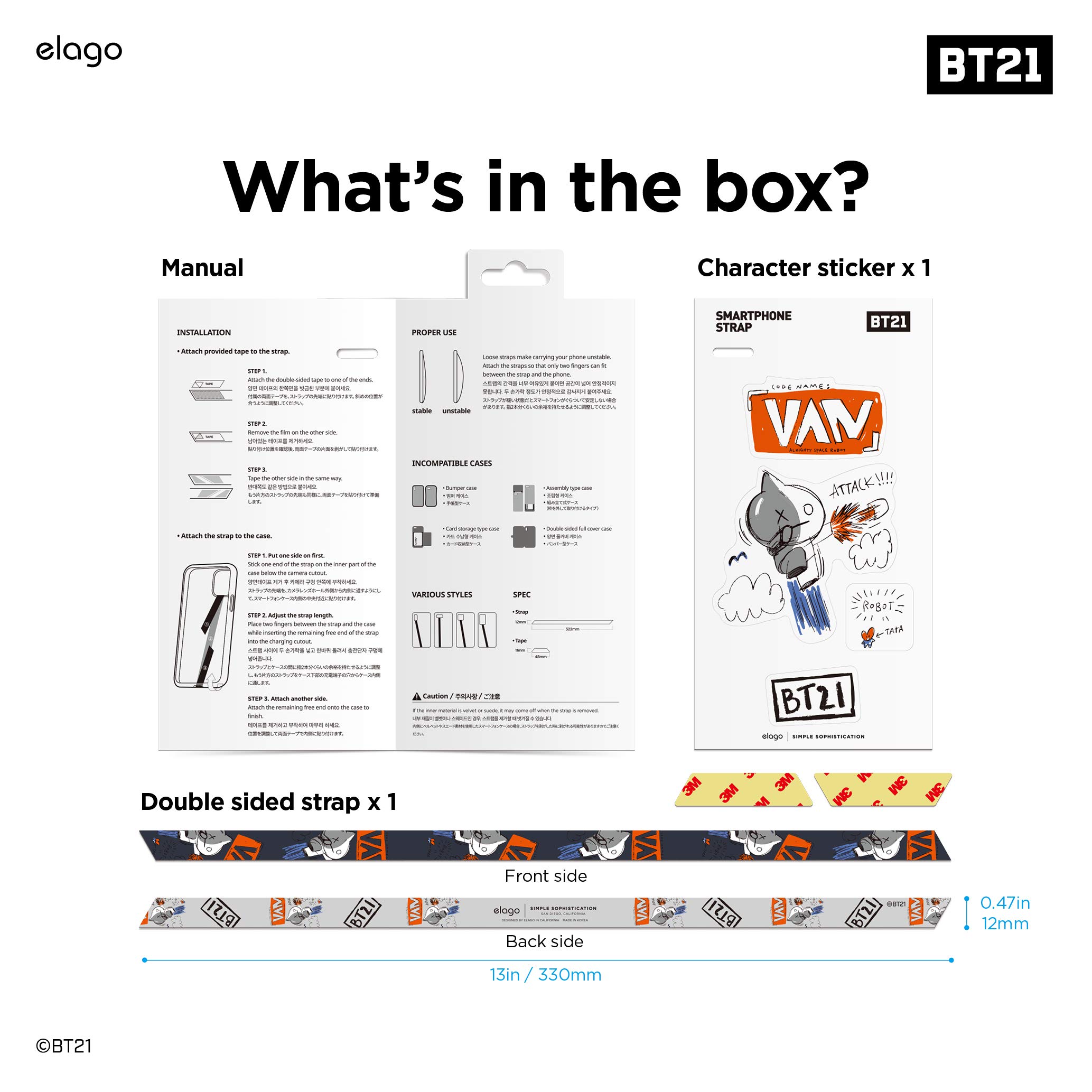elago BT21 Phone Strap with Stickers - Double Sided Phone Loop & Grip for All Smartphone Cases, MagSafe Compatible Official Merchandise (VAN) - Perfect for Everyday Use, Travel, and Secure Phone Handling