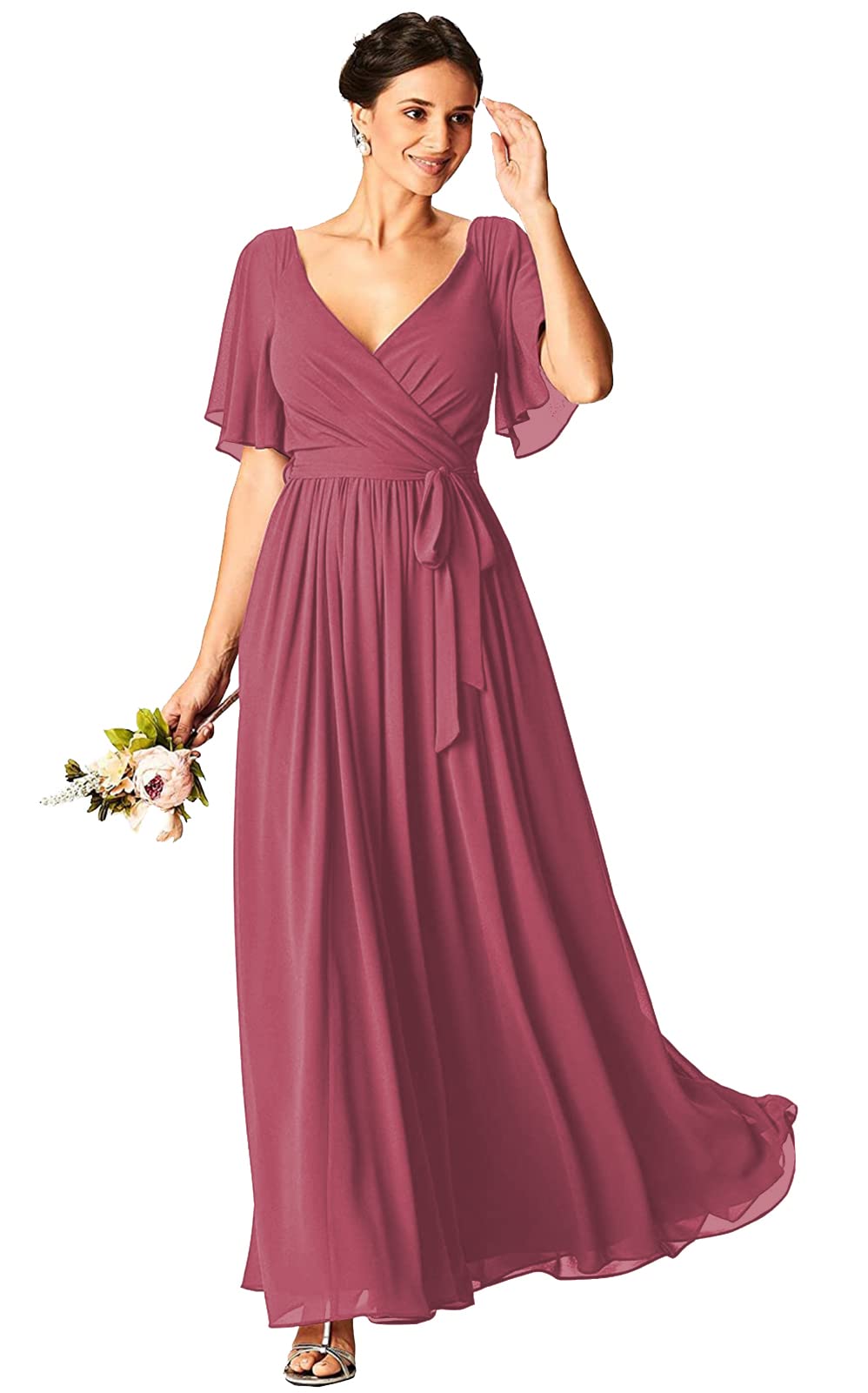 Elegant V-Neck Chiffon A-Line Bridesmaid Dress with Sleeves - Wedding Party, Formal Evening Gown for Women - Perfect for Weddings, Proms, and Special Occasions