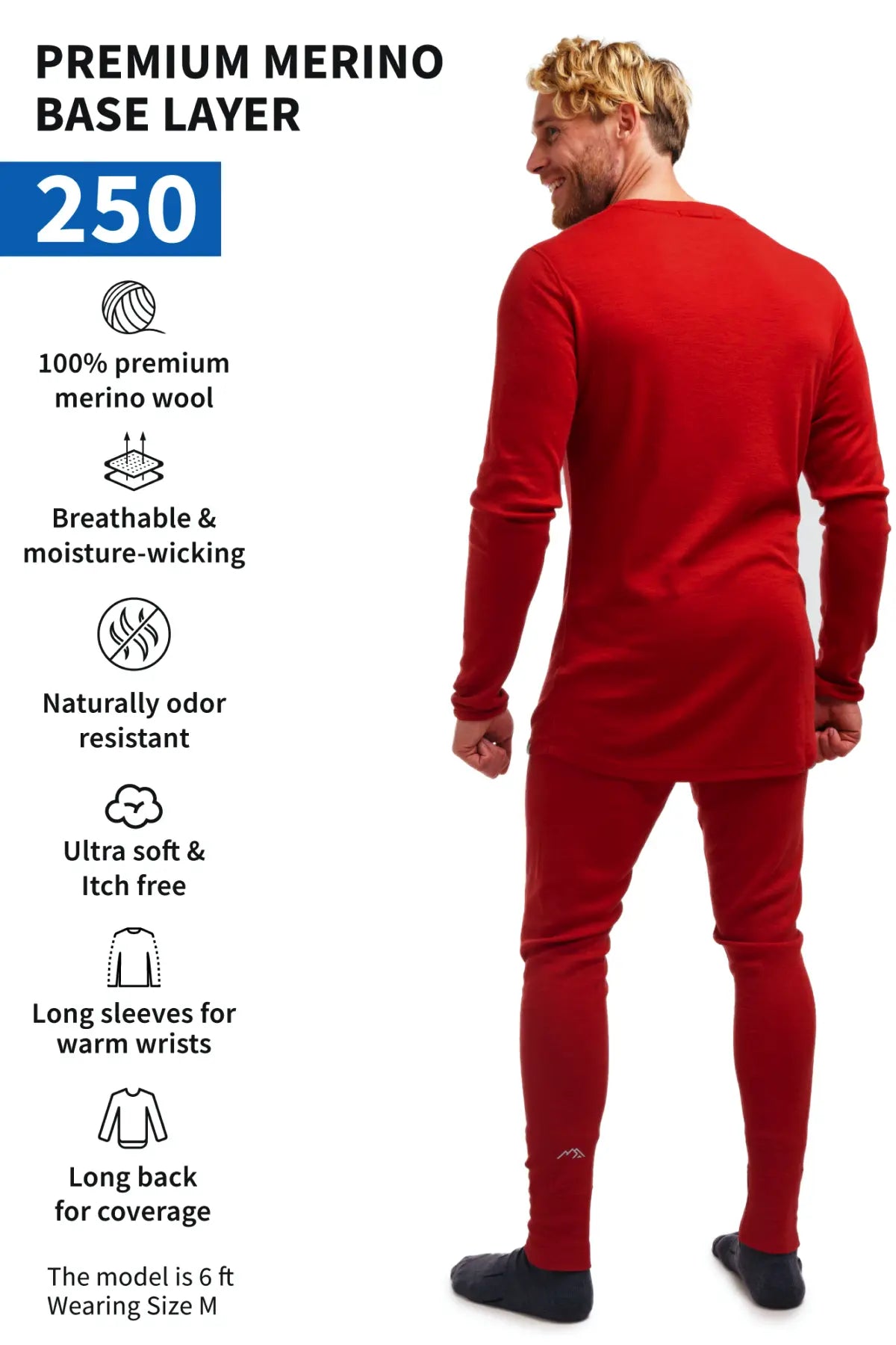 Men's Merino Wool Thermal Underwear Set - 250g Warm Base Layer Top & Bottom in Cherry Red - Perfect for Skiing, Hiking & Winter Outdoor Activities