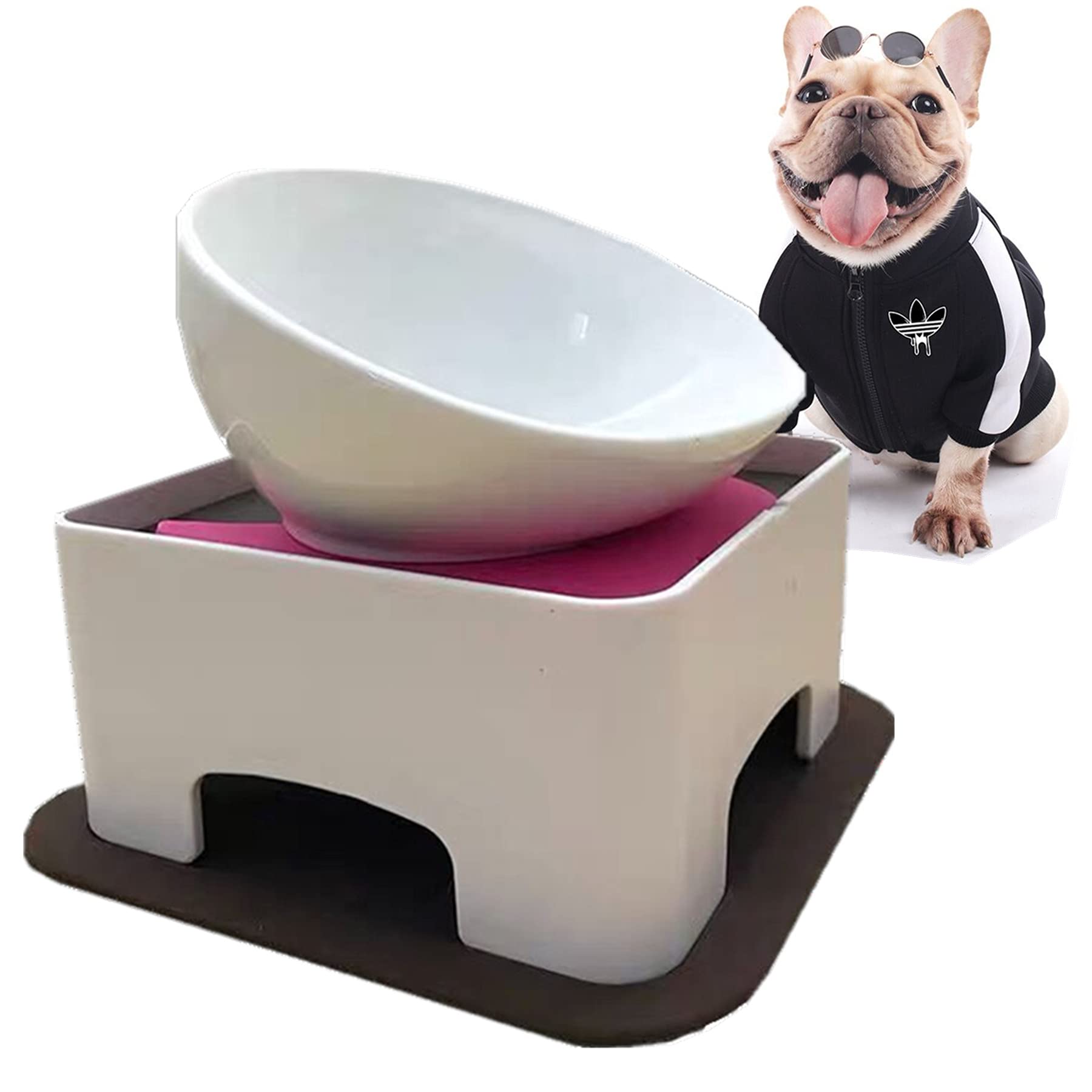 JWPC Bulldog Bowl - Anti-Slip Slanted Elevated Ceramic Pet Feeder for Flat-Faced Dogs, Cats & Puppies | Detachable Design for French Bulldogs, Pugs & Shih Tzus | Perfect for Messy Eaters & Pets with Neck Strain (Black)