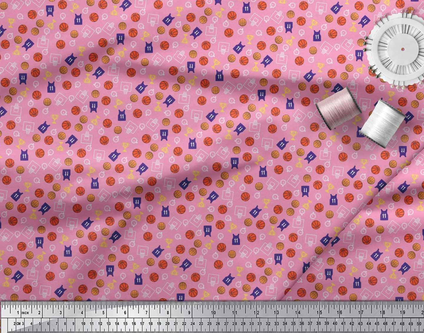 Soimoi Rayon Pink Fabric by The Yard - 56 Inch Wide - Sports Championship Print with Trophy, Timer Clock & Basketball Design - Perfect for DIY Costumes, Quilting & Home Decor Projects