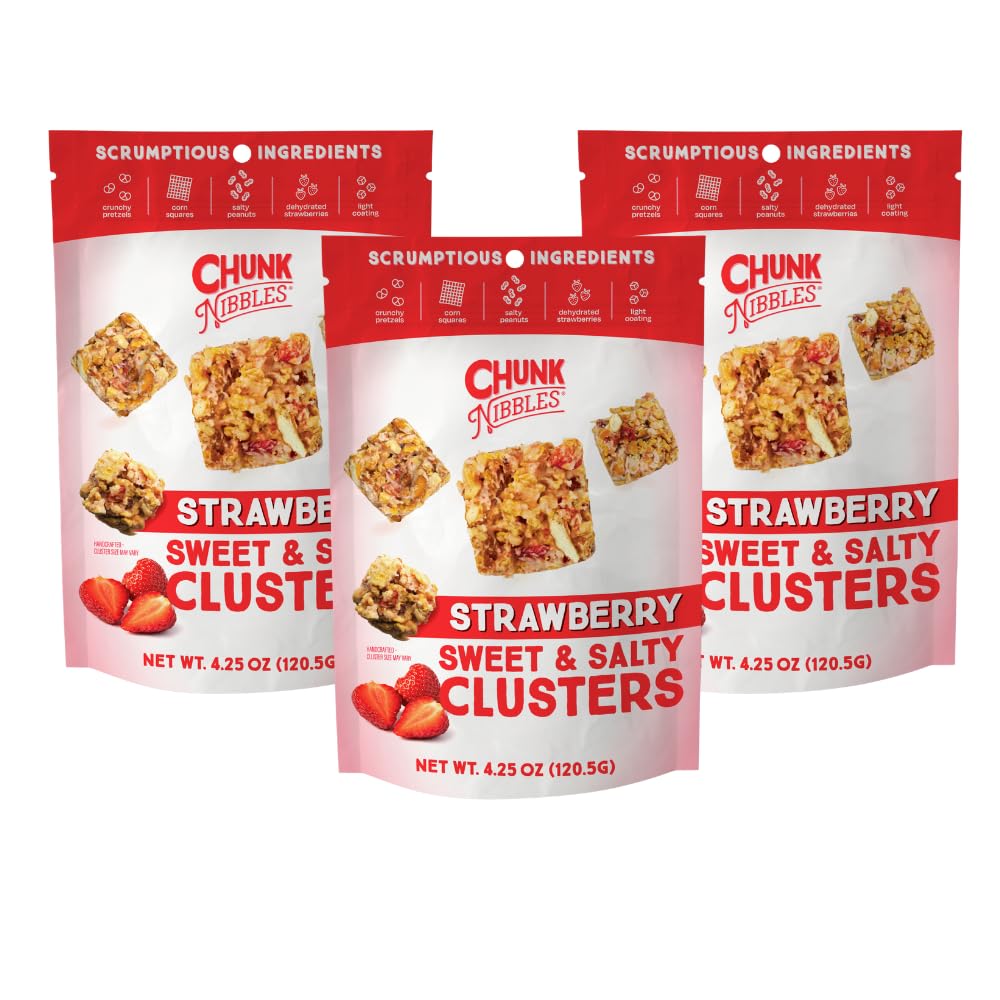 Chunk Nibbles Sweet and Salty Snack Mix - Strawberry Flavor | 4.25oz Resealable Packs (3 Count) | Healthy Snacks for Kids & Adults | Perfect for Lunchboxes, Movie Nights & Road Trips