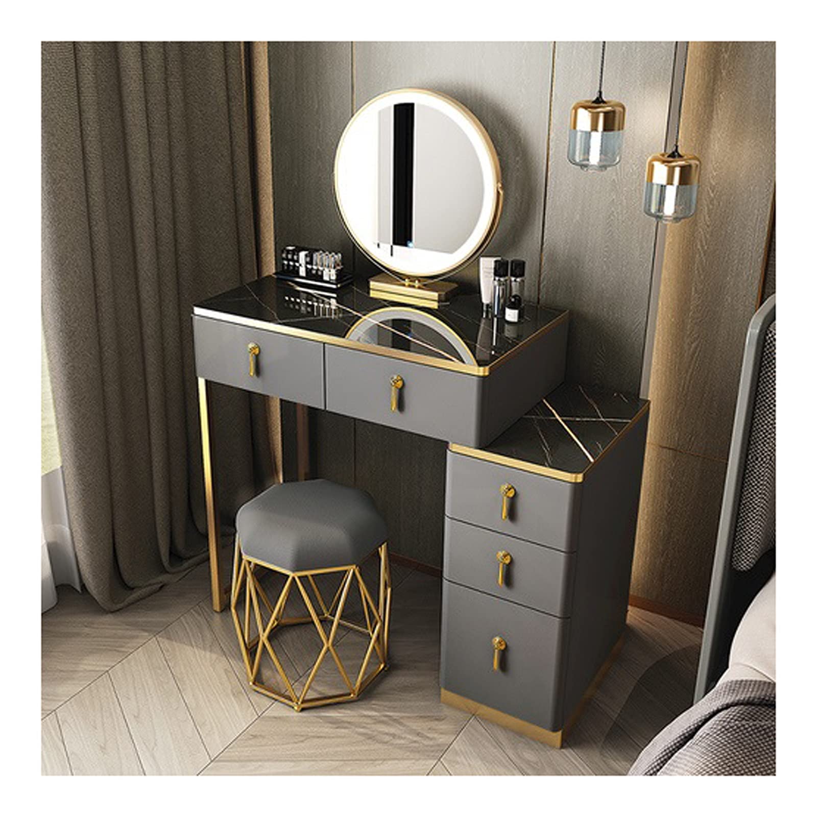 Small Vanity Table with LED Round Mirror & Drawer - White/Grey Makeup Dressing Table (70cm) for Bedroom, Dorm, or Salon