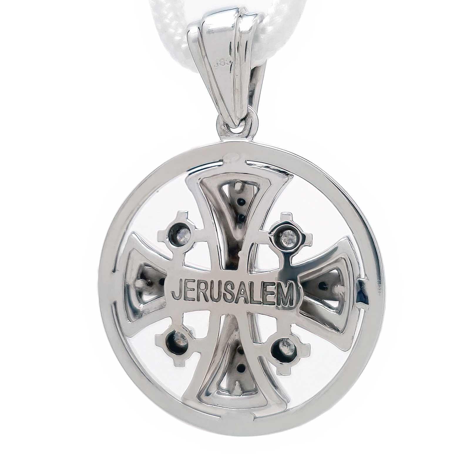 14K White Gold Jerusalem Cross Round Pendant with Diamonds & Enamel - Religious Jewelry Gift for Baptism, Confirmation & Special Occasions