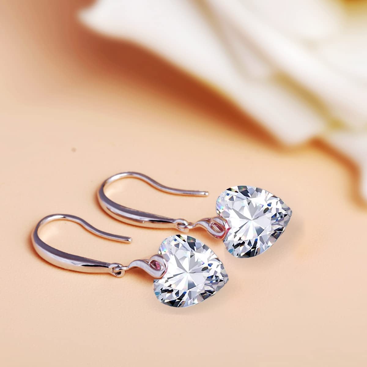 925 Sterling Silver Heart Dangle Earrings for Women - 10mm Cubic Zirconia Drop Earrings, White Gold Plated Jewelry Gift for Girls, Perfect for Valentine's Day, Anniversary & Special Occasions