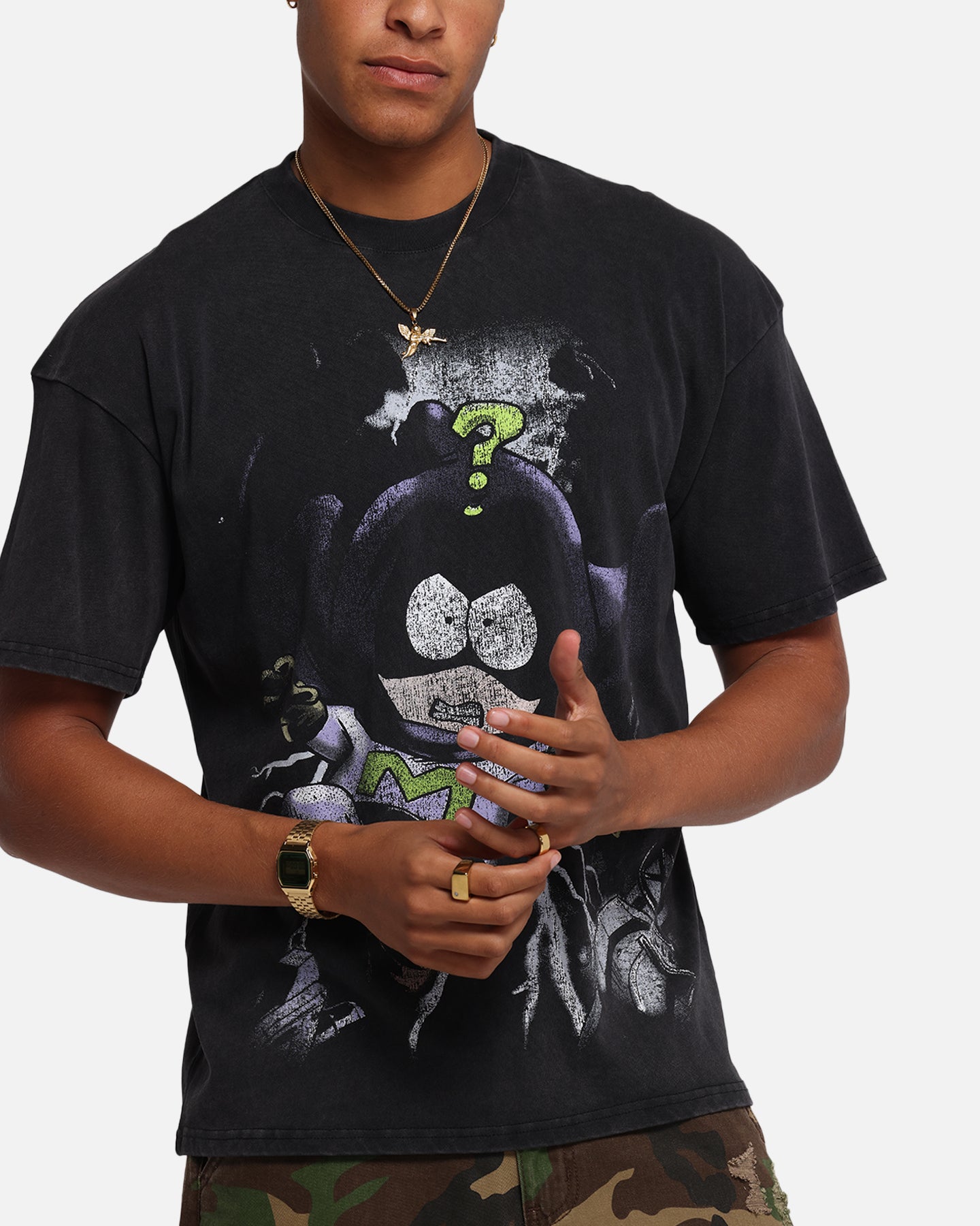 Vintage South Park Mysterion Graphic T-Shirt - Black Acid Wash Distressed Tee for Men | Cartoon Character Apparel | Perfect for Cosplay, Comic Con & Casual Wear