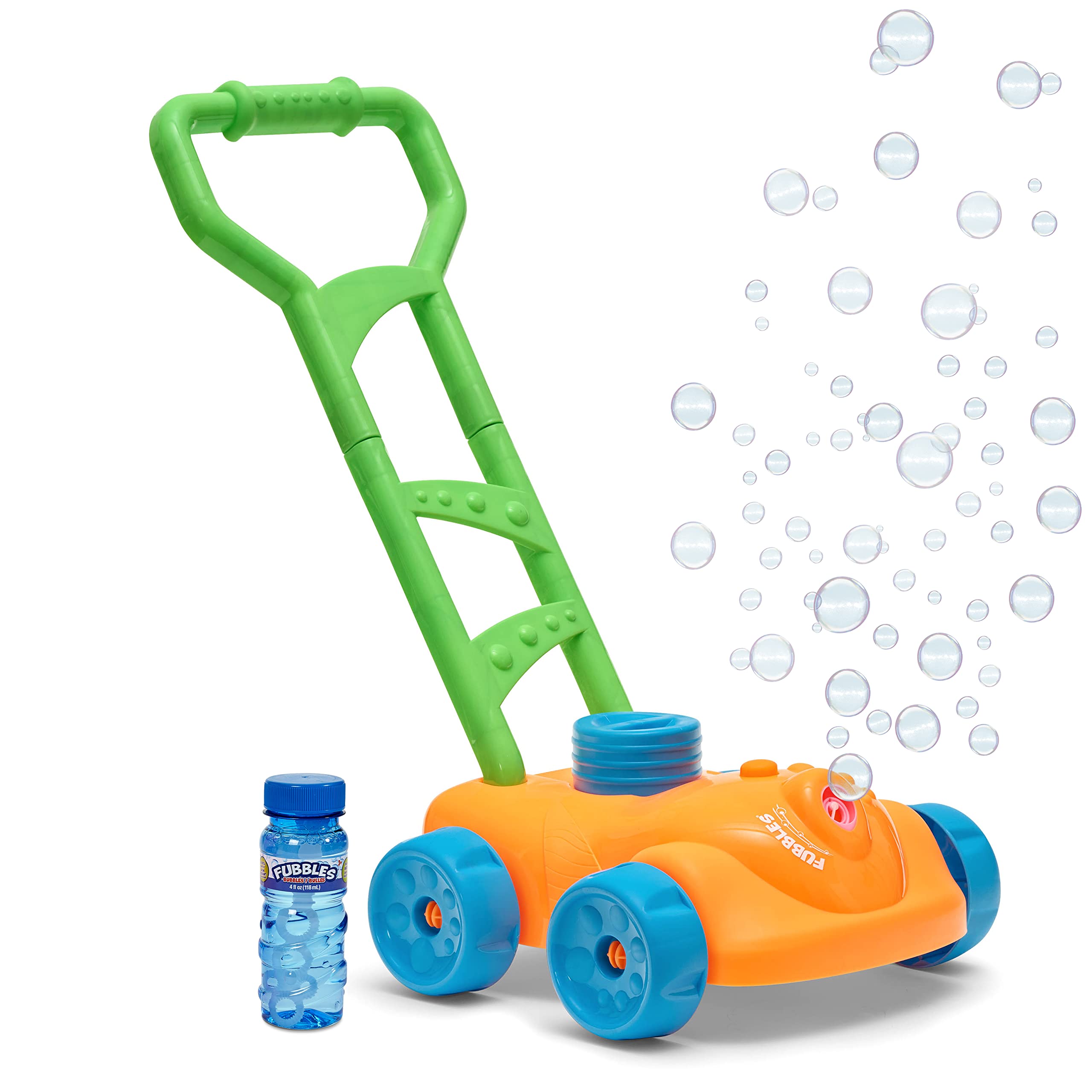 Fubbles No Spill Bubble Lawn Mower for Toddlers - Automatic Bubble Blower Machine with 4oz Non-Toxic Refill Solution - Outdoor Bubble Toy for Kids (Orange) - Perfect for Backyard Play, Birthday Parties & Summer Fun
