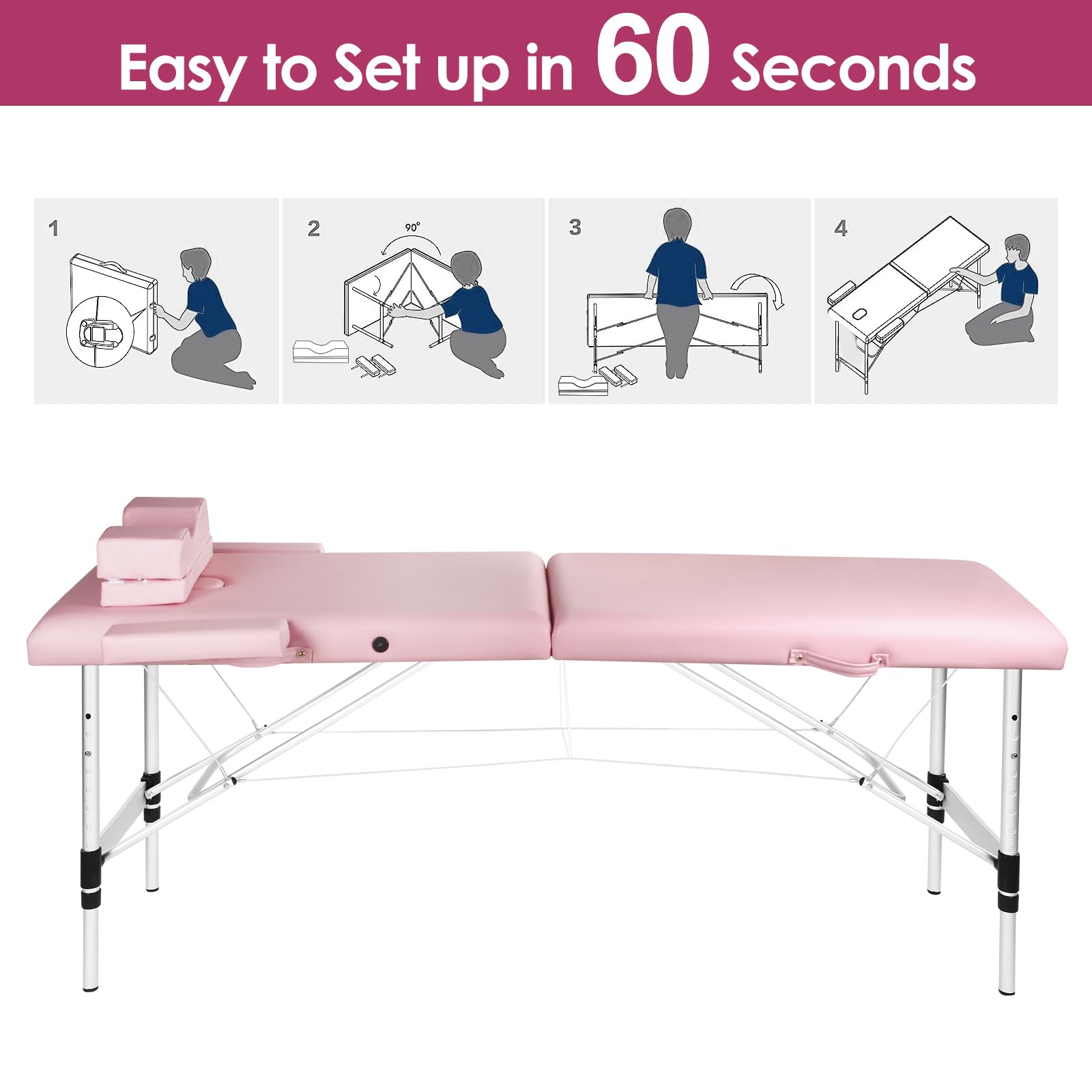 Portable Adjustable Height Lash Extension Bed - Waterproof Aluminum Frame Massage Table with Eyelash Pillow for Eyelash Salon, Spa & Beauty Treatments (Pink) | Perfect for Professional Estheticians & Home Use