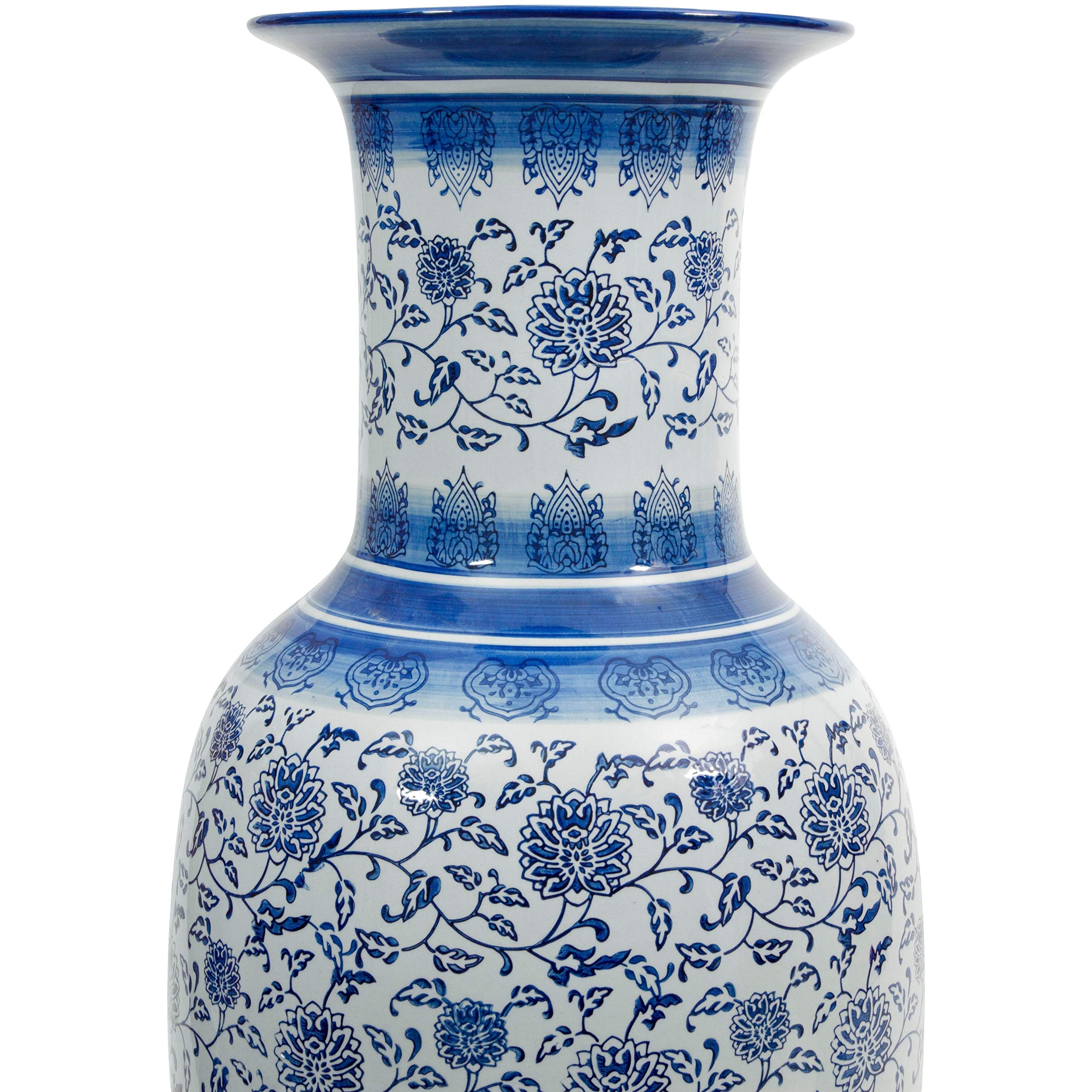 Handmade 36 Inch Blue and White Porcelain Chi Vase - Floral Decorative Ceramic Vase for Home Decor, Wedding Centerpiece & Asian-Inspired Interior Design