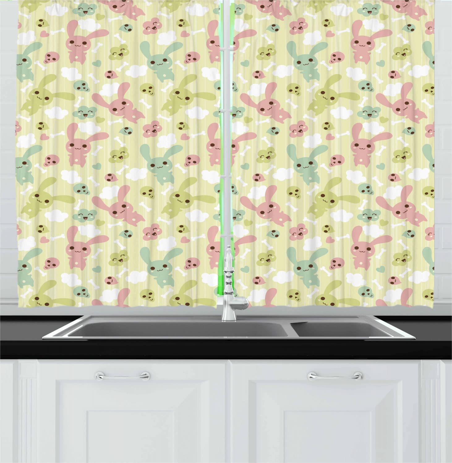 Ambesonne Anime Kitchen Curtains - Funny Bunnies Clouds Bones Kawaii Doodle Print, 2 Panel Rod Pocket Window Drapes 55x45 Inches, Pale Green Pink Seafoam - Cute Anime Decor for Bedroom, Living Room, Dorm