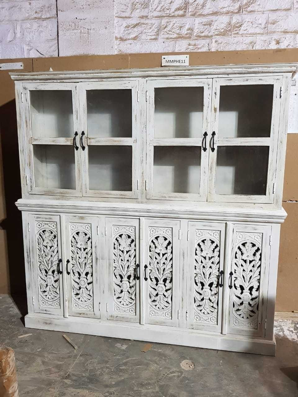 Hand Carved Indian Solid Wood Buffet Cabinet Sideboard Hutch - White | Rustic Dining Room Storage Furniture for Home Decor & Entertaining