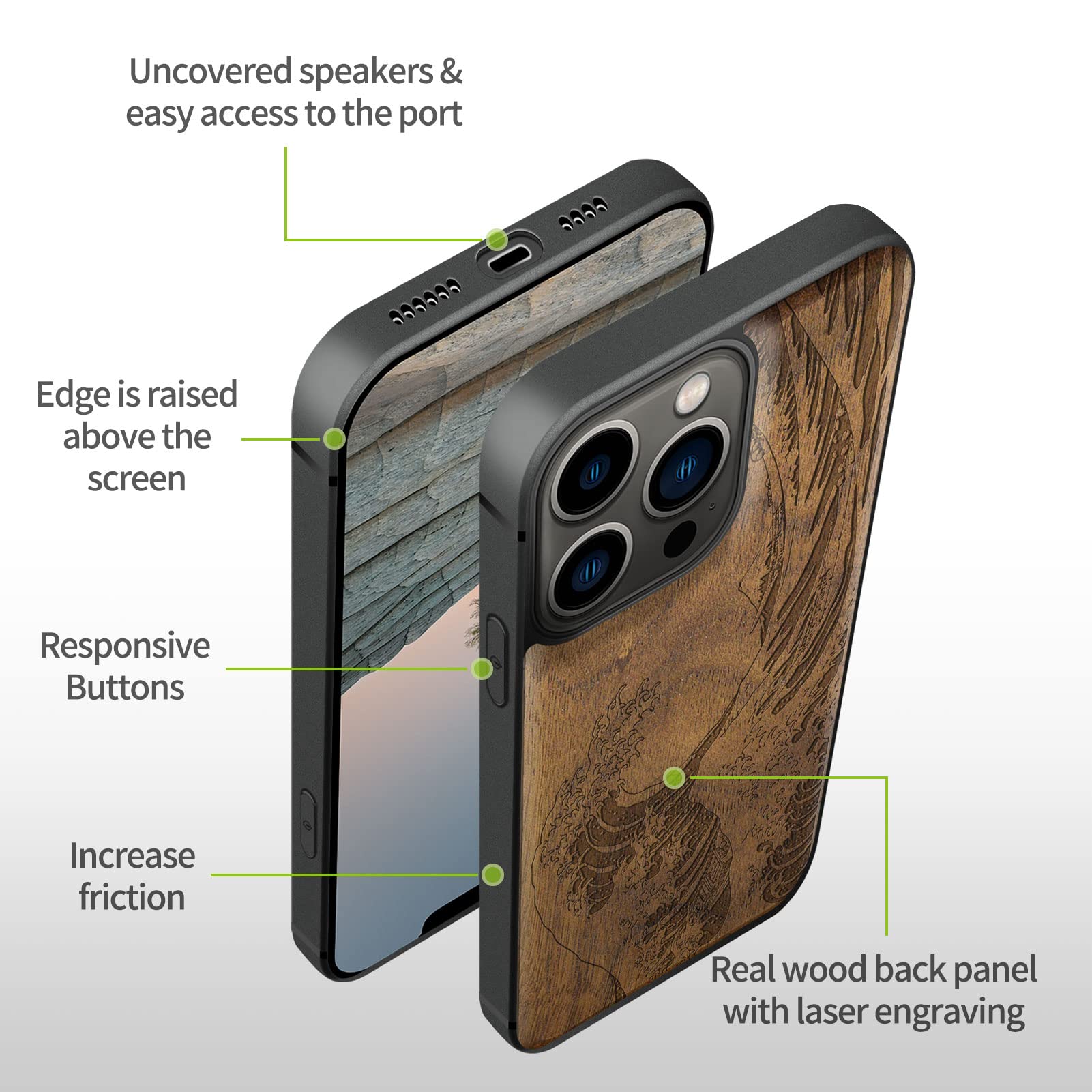 Magnetic Wooden Case for iPhone 13 Pro Max - Natural Walnut Wood & Shockproof TPU Bumper - Compatible with MagSafe (The Great Wave Off Kanagawa Design) - Perfect for Outdoor Adventures & Business Meetings