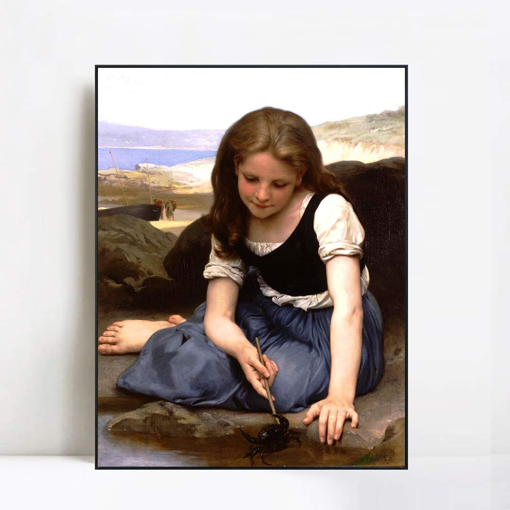 INVIN ART Framed Canvas Giclee Print - The Crab by William Adolphe Bouguereau - Premium Wall Art for Living Room & Home Office Decor (Black Slim Frame, 20x24 Inches) - Perfect for Classic Art Lovers & Interior Design