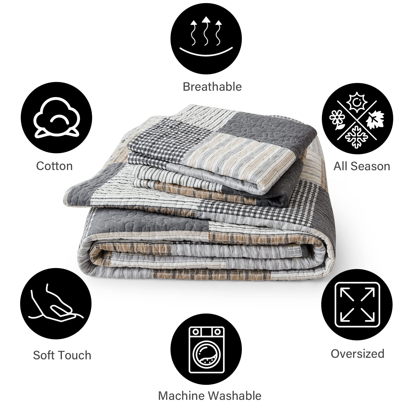 PANGUSHAN 100% Cotton Queen Size Quilt Set - Reversible Patchwork Plaid Bedding | Farmhouse Lightweight Comforter in Grey, Black, Tan, White & Cream | 3-Piece Bedspread for Cozy Home Decor & Guest Room Styling