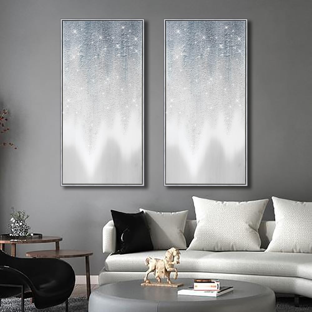 Hand Painted Silver Abstract Oil Painting on Canvas - Gray Gradient Wall Art with Sand Texture & Glitter Accents - 40x20 Inch Large Vertical Modern Decor for Living Room & Bedroom - Perfect for Contemporary Home & Office Spaces