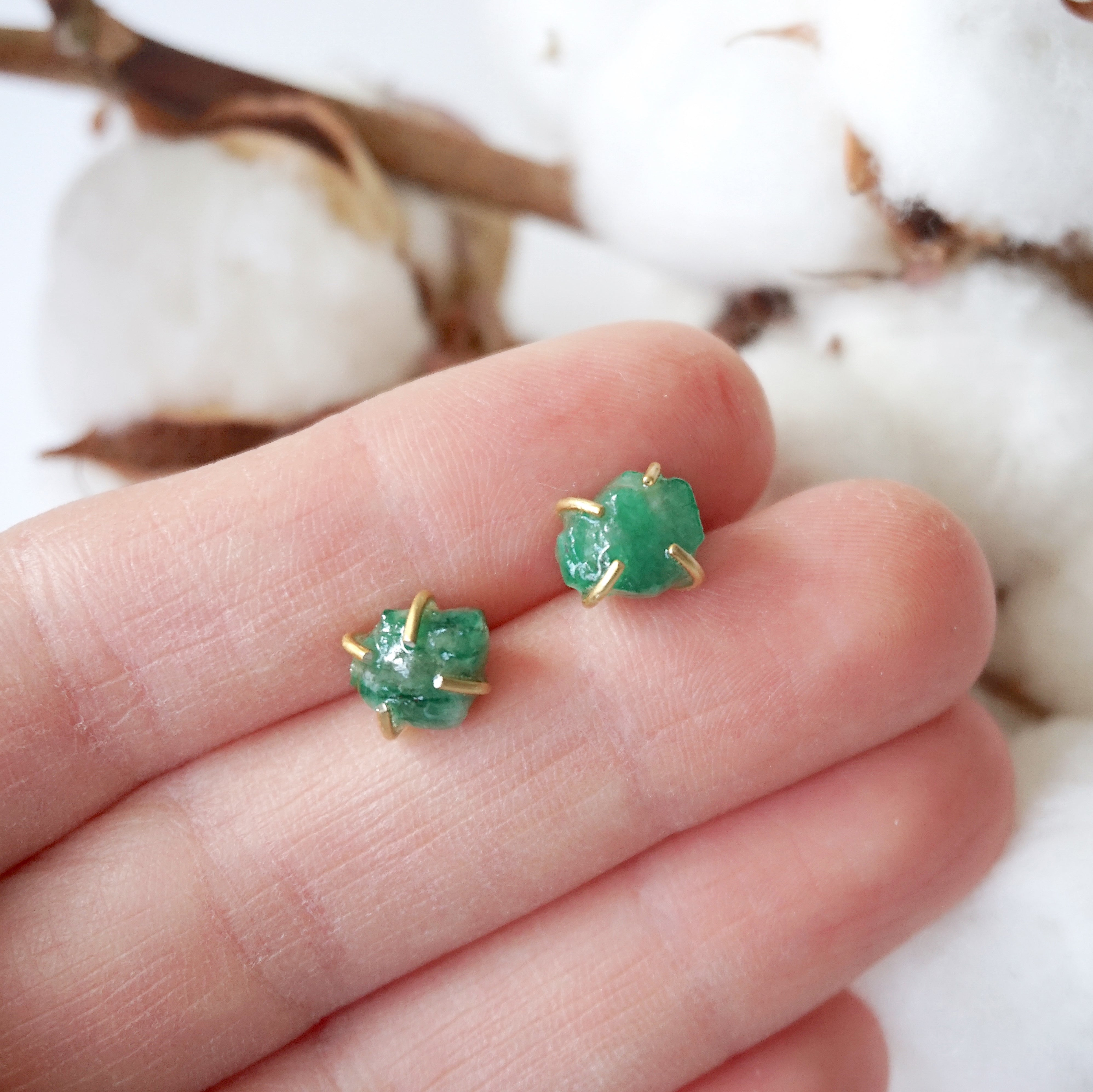 14K Gold Filled Raw Emerald Huggie Stud Earrings - Natural Gemstone Jewelry for Women, Perfect for Everyday Wear & Special Occasions