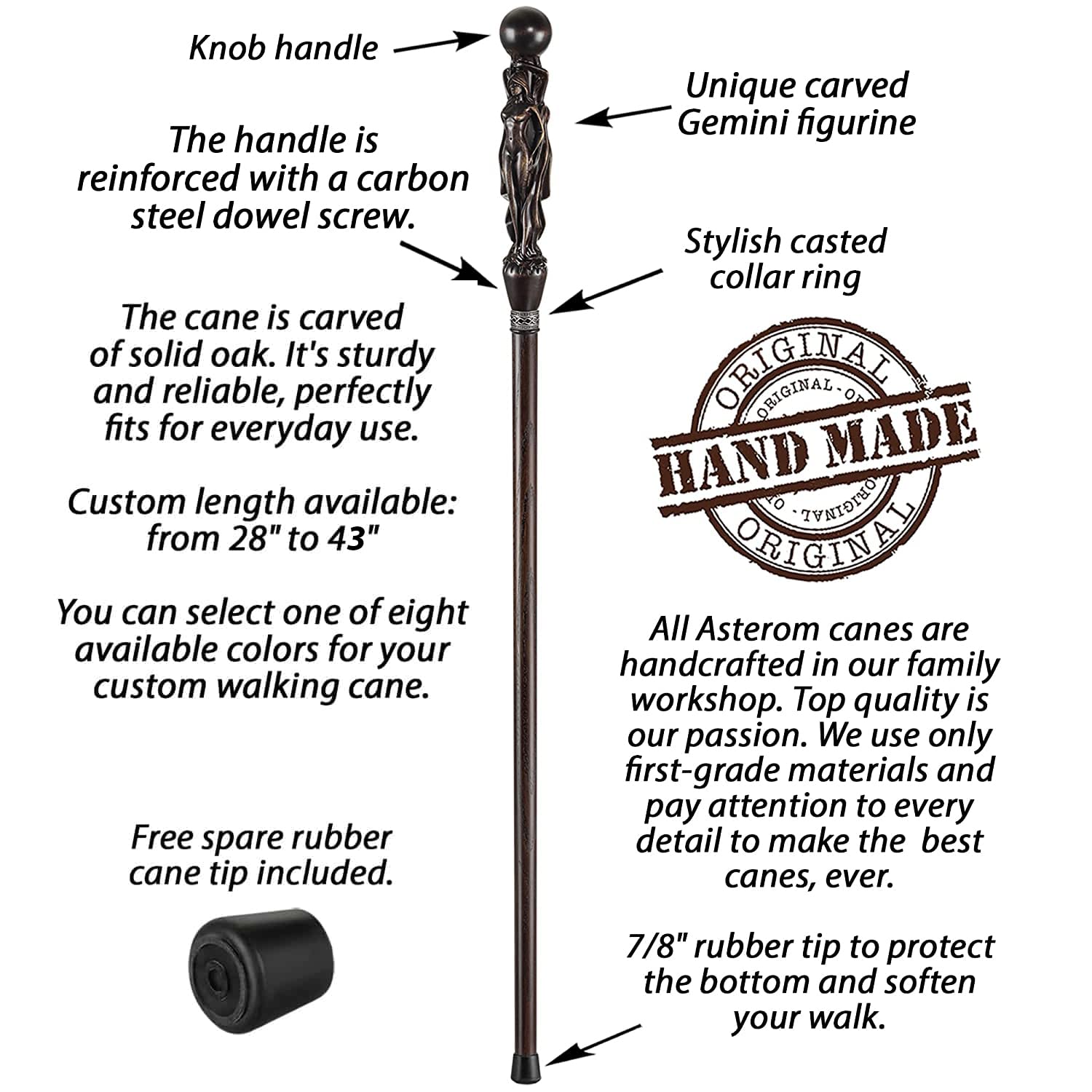 Handcrafted Wooden Walking Cane for Men - Gemini Design - Unique Carved Walking Stick - Fashionable Mobility Aid for Seniors & Style-Conscious Gentlemen - Perfect for Hiking, Travel & Everyday Support