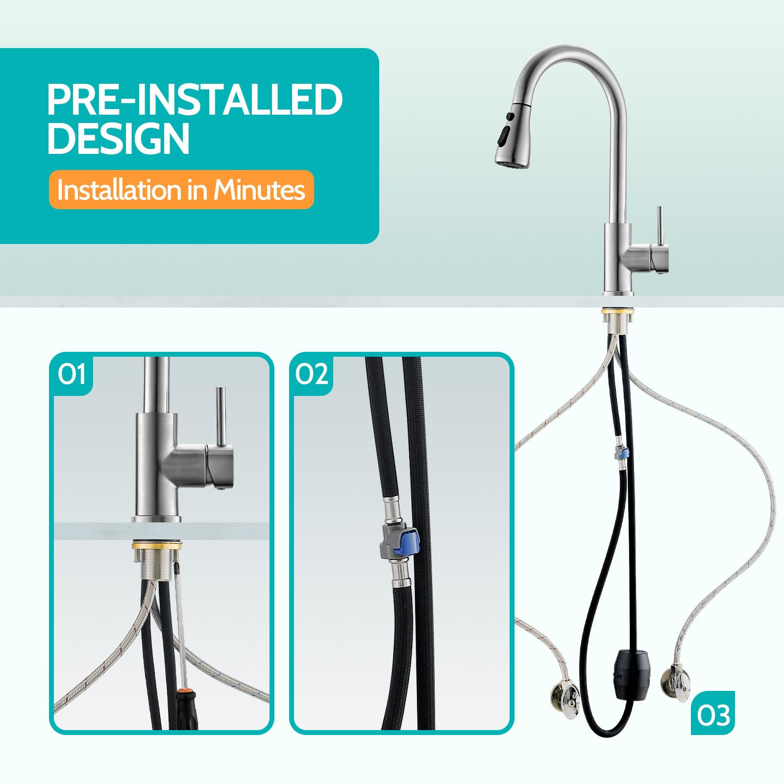 Kicimpro Brushed Nickel Pull Down Sprayer Kitchen Faucet - High Arc Single Handle Sink Faucet with Water Lines, Commercial Modern RV Stainless Steel Faucet for Home, Restaurant & RV Kitchen Use