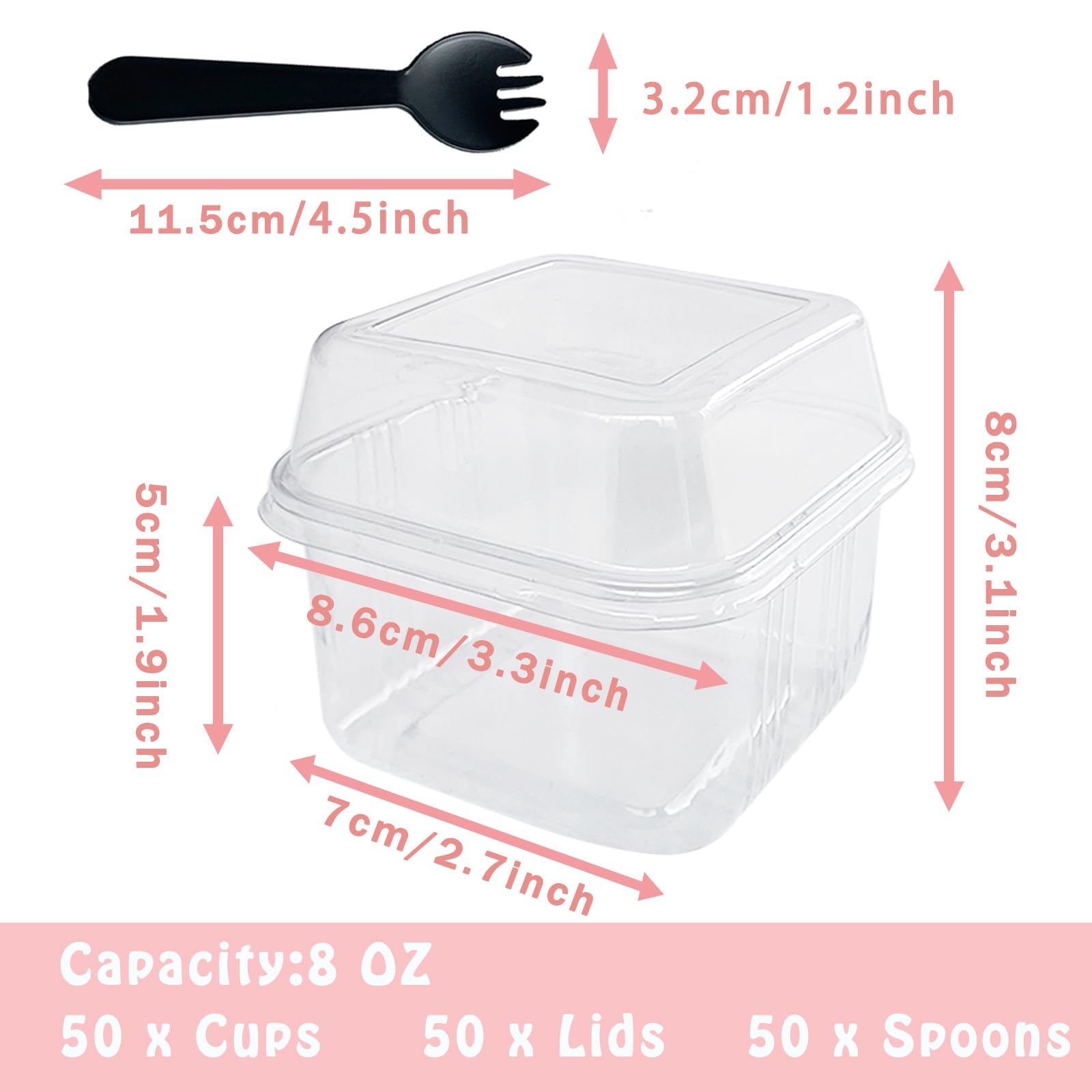 100pcs 8oz Plastic Dessert Cups with Lids and Spoons - Disposable Square Parfait Containers for Party, Mousse, Yogurt, Pudding, Snacks & Fruits - Perfect for Catering, Picnics, and Home Dessert Serving (50 Sets)