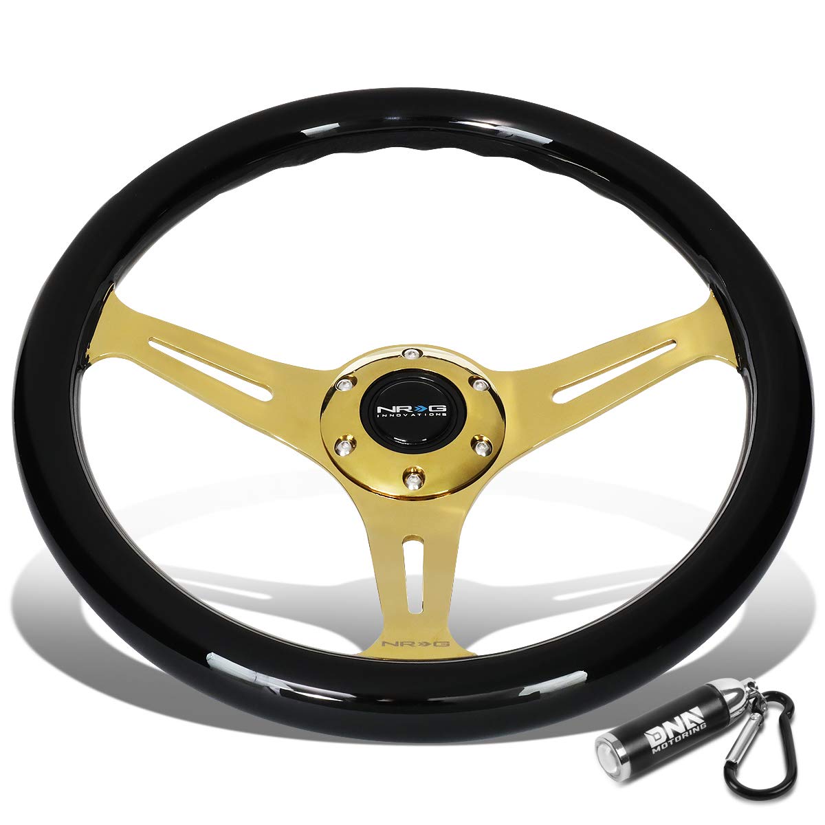 NRG ST-015CG-BK 350mm Black Wood Grain Steering Wheel with LED Keychain Flashlight - Perfect for Car Racing, Drifting & Automotive Customization