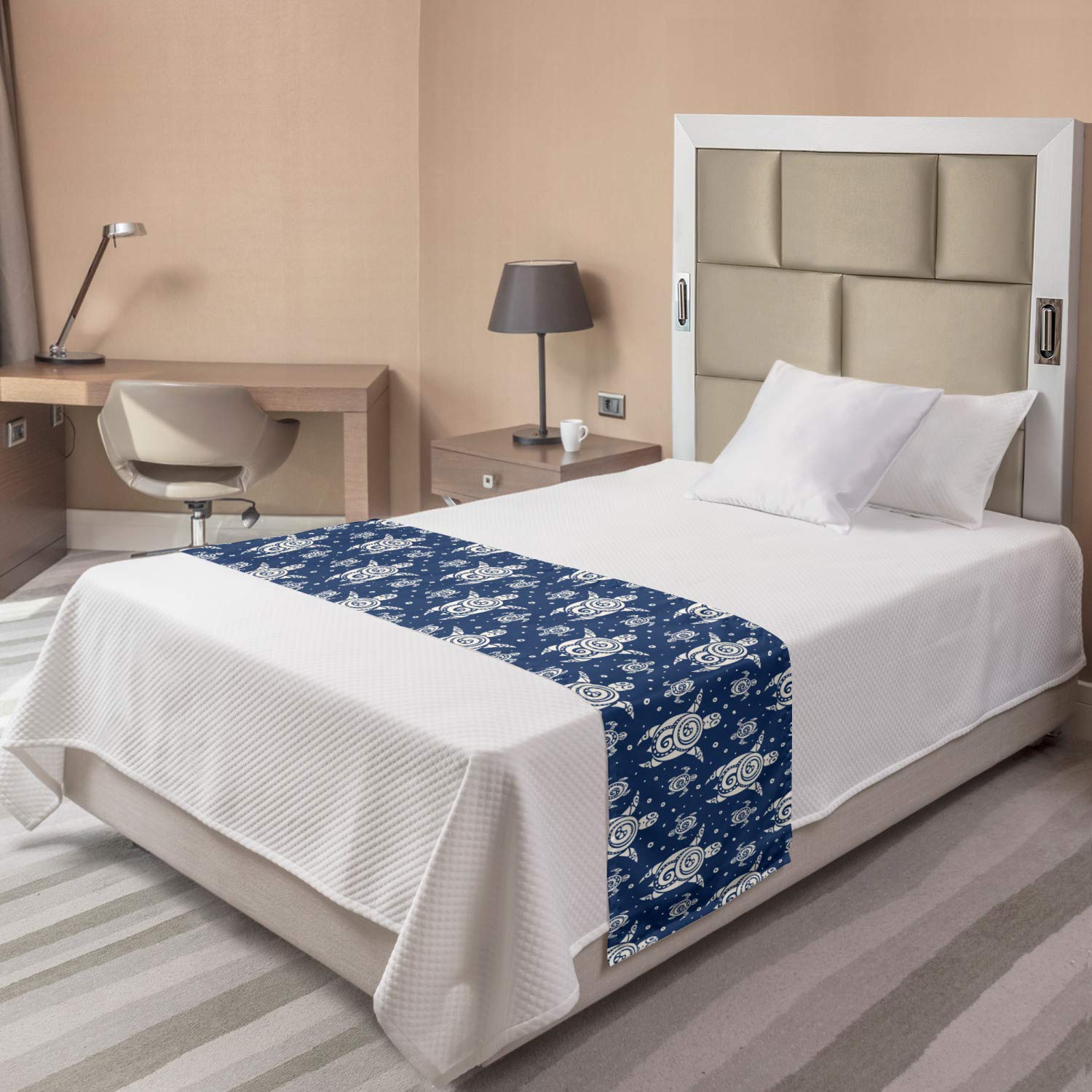 Ambesonne Turtle Bed Runner - Abstract Caretta Caretta Design with Tiny Bubbles, Decorative Bed Scarf for Queen King Beds - Night Blue & Ivory - Perfect for Hotels, Homes, Guest Rooms & Coastal Themed Bedrooms