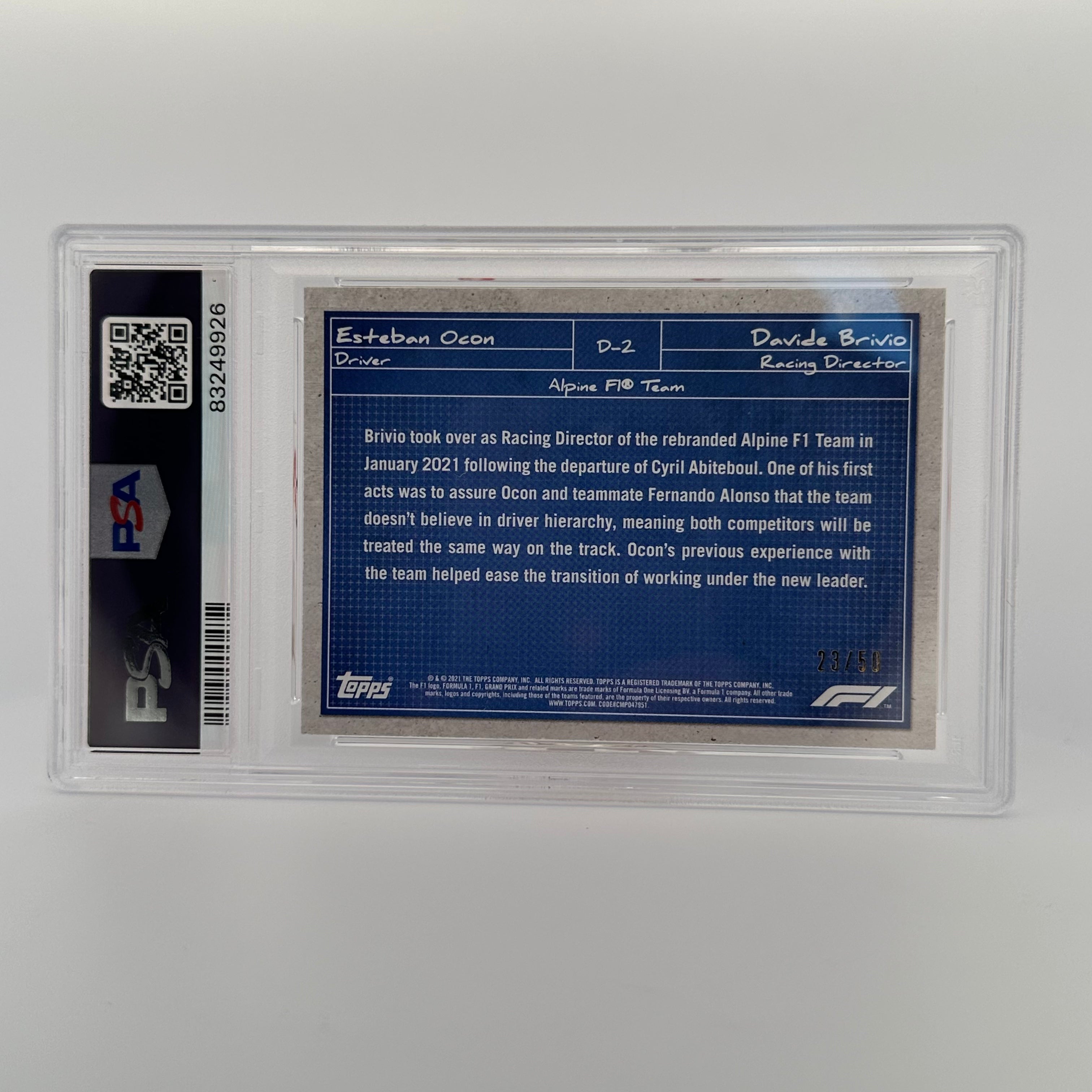 PSA 9 Graded 23/50 Esteban Ocon & Davide Brivio Debrief #D2 Gold Autograph Racing Card - Perfect for F1 Collectors and Motorsport Memorabilia Displays