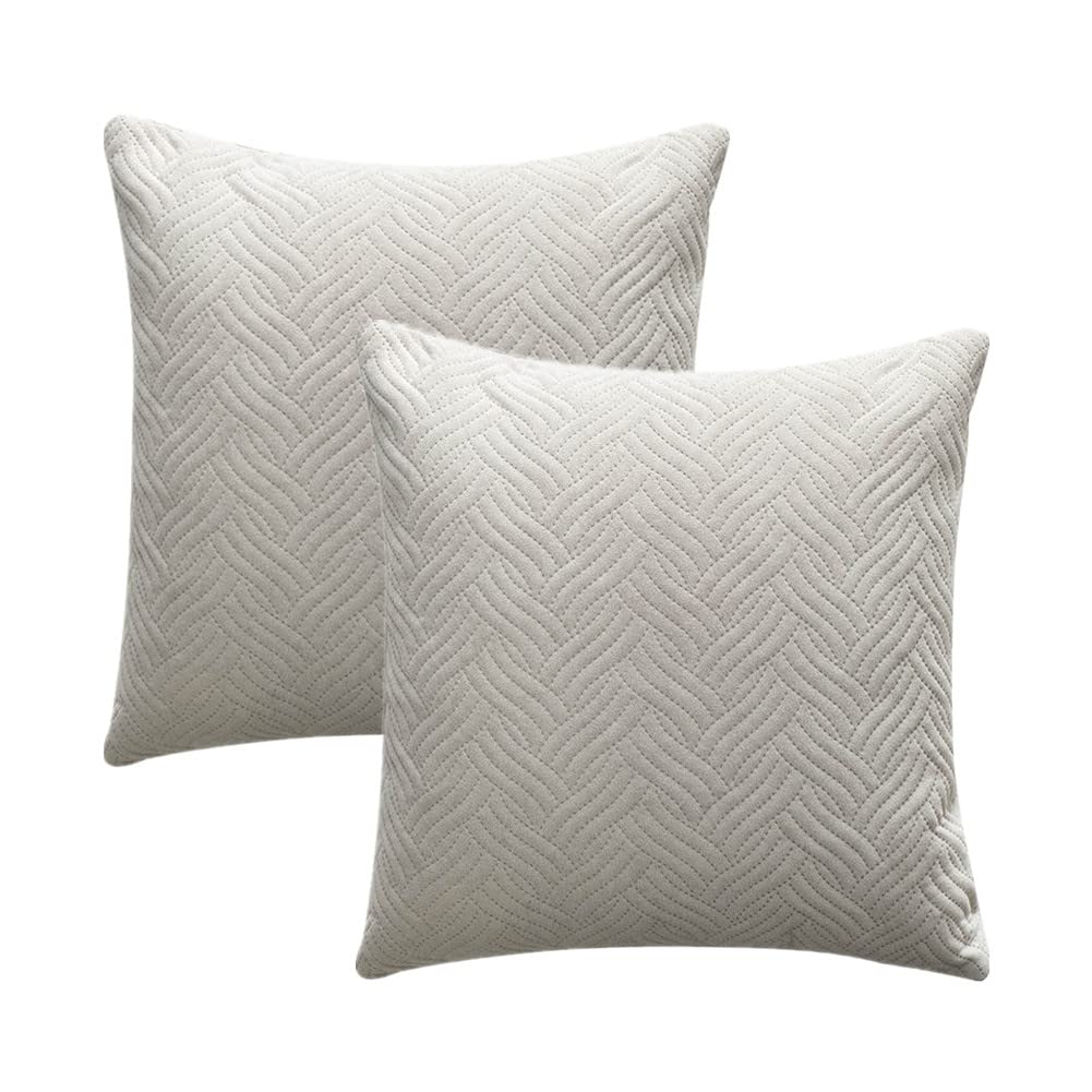 2 Pack Quilted Velvet Decorative Throw Pillow Covers - 18x18 Inch Square Soft Breathable Cushion Cases for Sofa, Couch & Bedroom - Light Grey - Perfect for Living Room Decor, Home Styling & Cozy Comfort