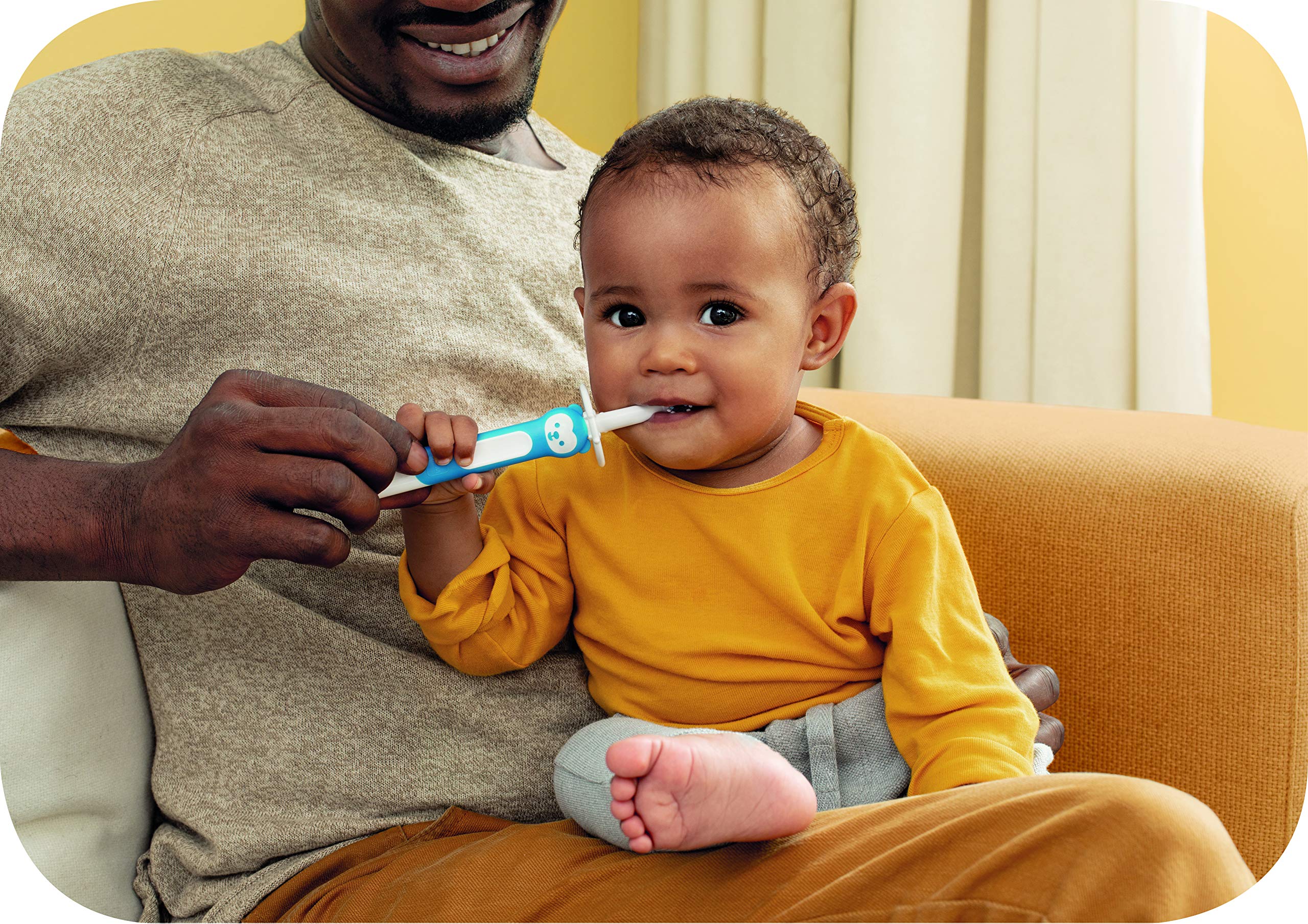 MAM Baby Training Toothbrush Set - 2 Toothbrushes with Safety Shield & Brushy the Bear, Interactive App for Oral Care, Blue - Ideal for Boys 5+ Months - Perfect for Teething & Early Dental Hygiene
