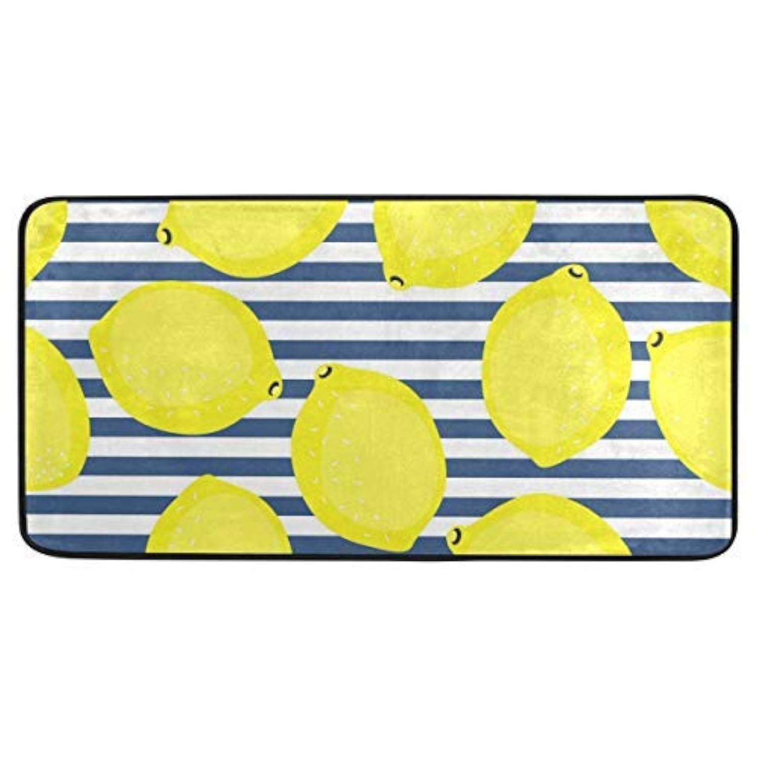 Non-Slip Yellow Lemon Kitchen Rugs with Blue Stripes - Soft Washable Bath Mat & Runner - 39x20 Inch Home Decor Carpet for Kitchen, Bathroom & Entryway - Perfect for Farmhouse, Cottage & Coastal Style Homes