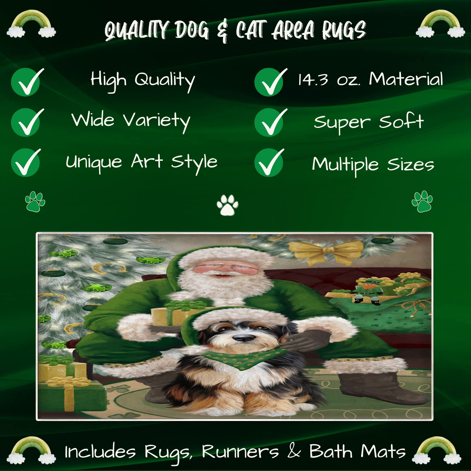 Christmas Irish Santa with Gift and Bernedoodle Dog Area Rug - Ultra Soft Cute Pet Printed Floor Carpet - Unique Style Decorative Rug for Dog Lovers - Perfect for Living Room, Bedroom, or Pet Play Area - 10'x3'3'' Indoor Gift