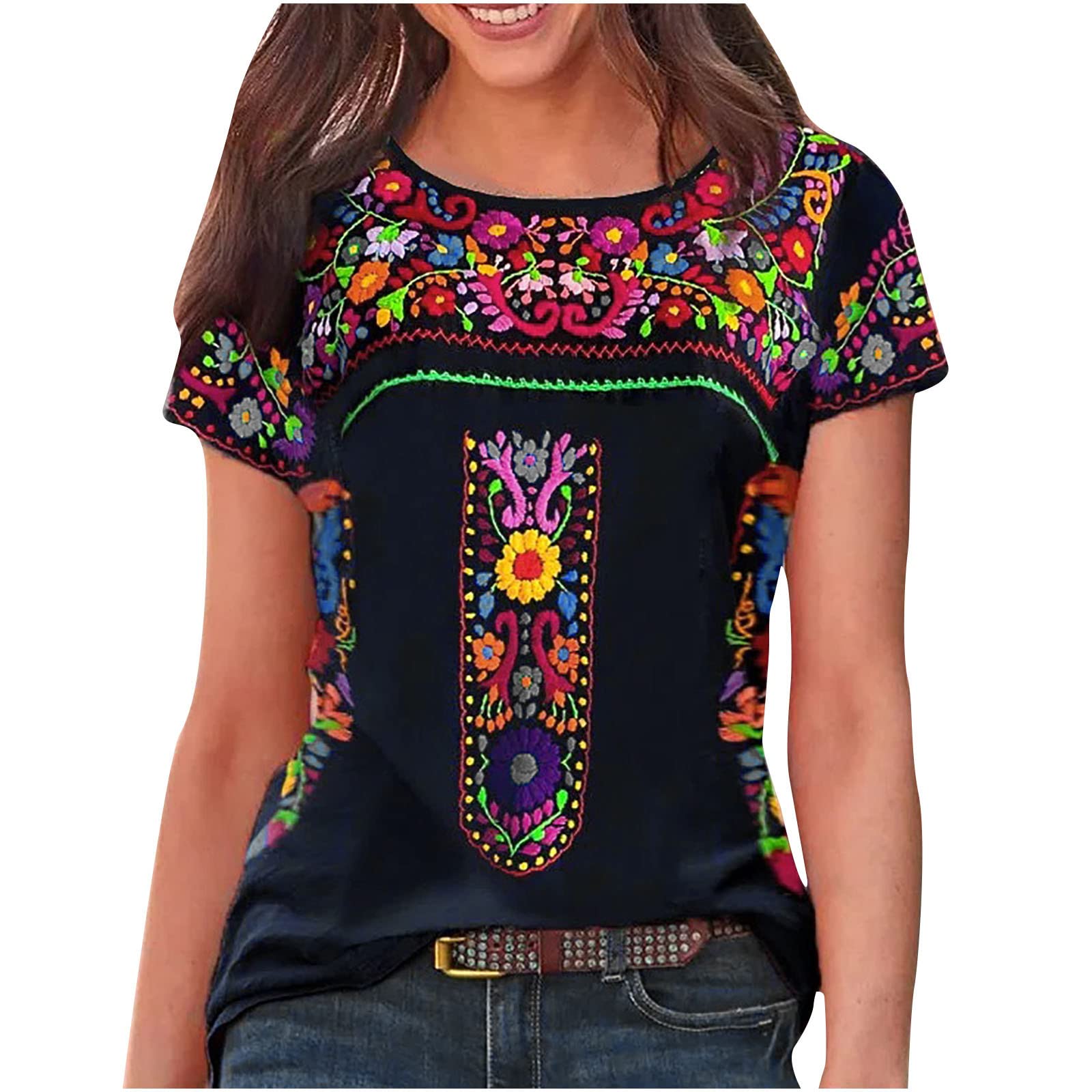 Stylish Mexican Floral Print Women's Short Sleeve T-Shirt - Vintage Crewneck Summer Top for Casual Wear | Perfect for Beach Outings, Festivals & Everyday Comfort