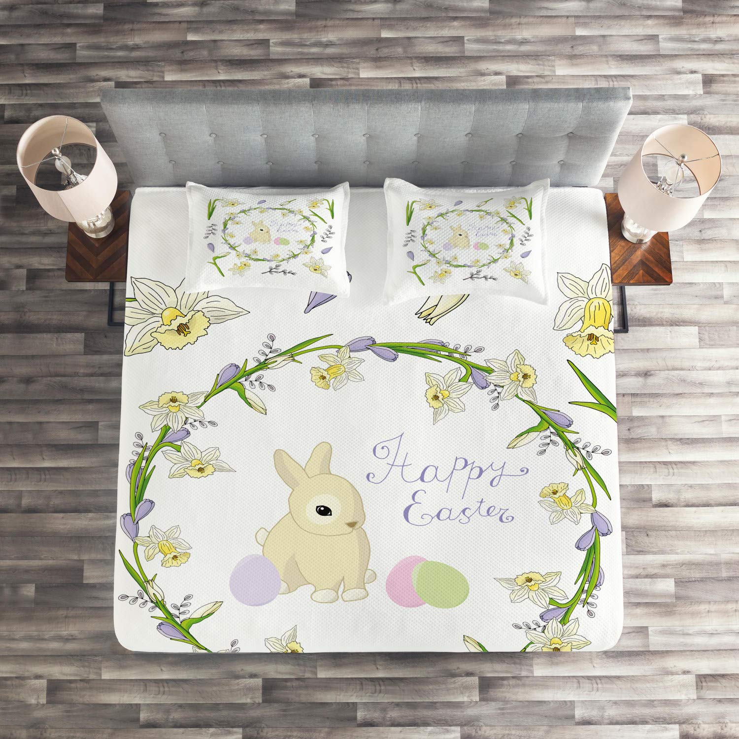 Ambesonne Easter Bunny 3-Piece Quilted Bedspread Set - King Size, Apple Green & Lavender Blue, Romantic Holiday Decor | Perfect for Spring Bedroom, Guest Room & Easter Home Decoration